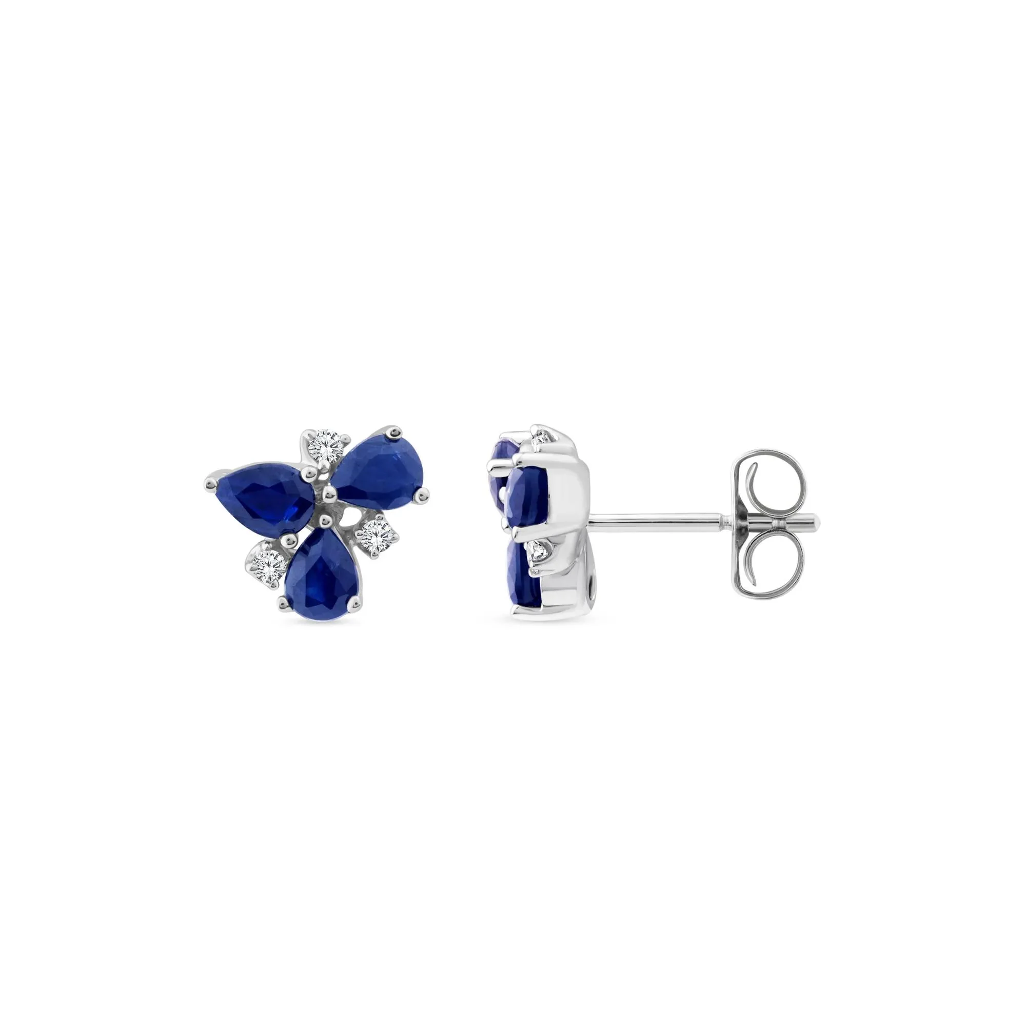 Pear-Shaped Blue Sapphire and Diamond Accent Cluster Stud Earrings 10K White Gold Size 8.40mm