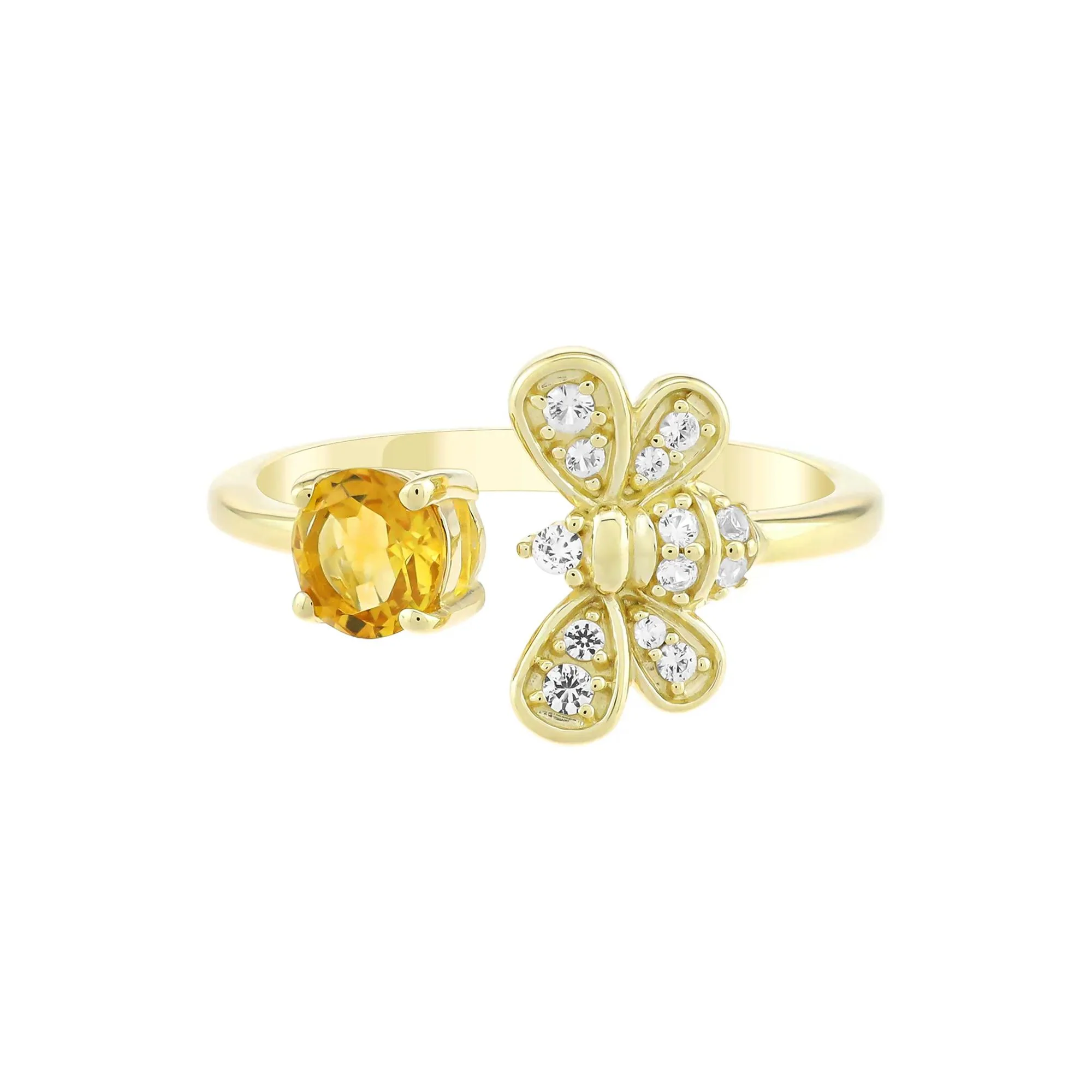 Citrine and White Sapphire Bee Ring 10K Yellow Gold Size 8 1.5mm