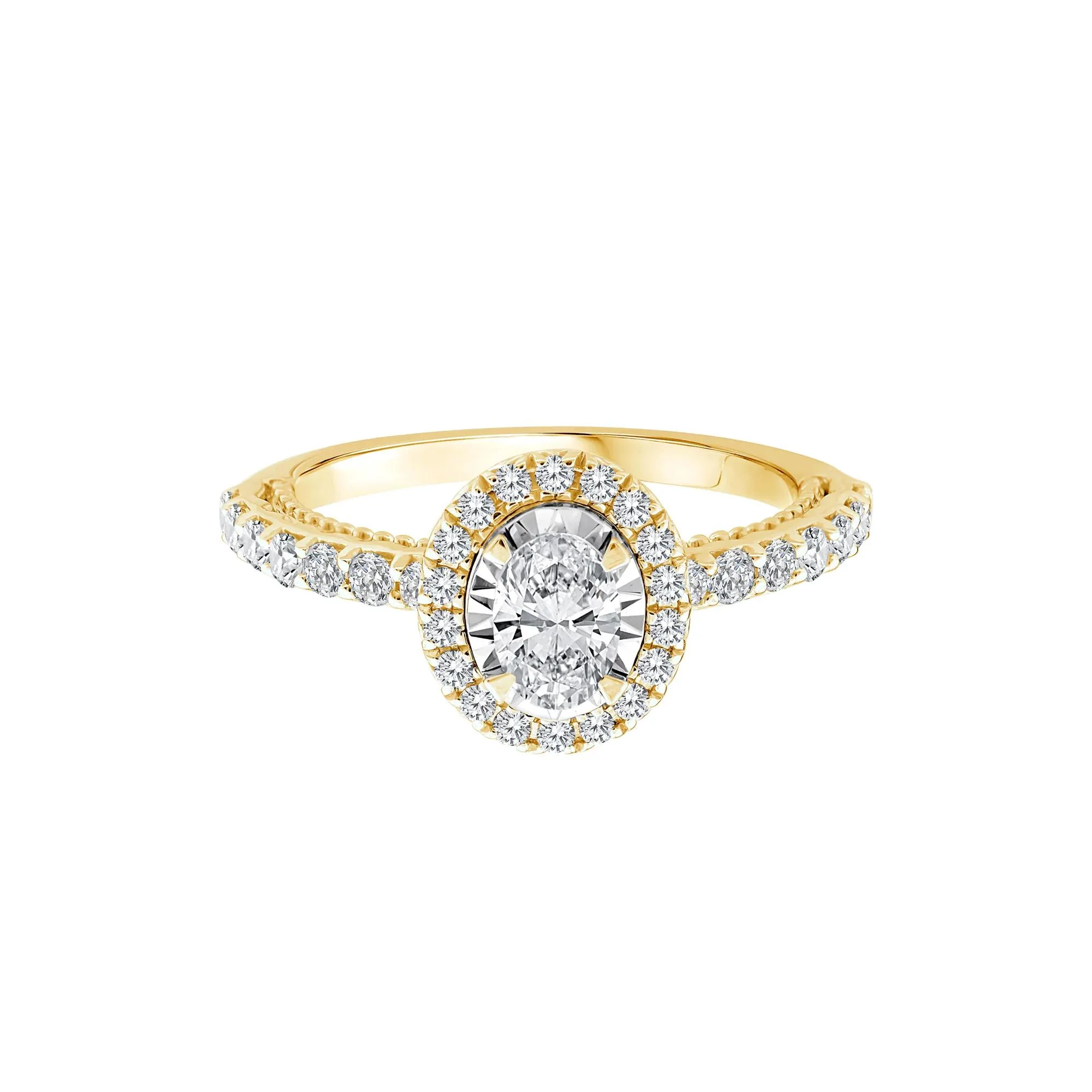 1 CT. Tw. Oval Diamond Halo Engagement Ring 10K Yellow Gold Round Brilliant Cut Size 7.5 1mm