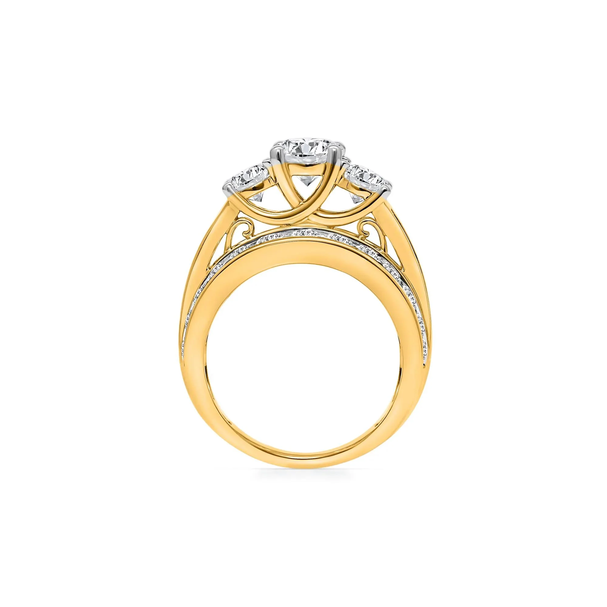 4 CT. Tw. Lab Grown Diamond Three-Stone Multi-Row Band Ring 10K Yellow Gold Size 6 - Image 2