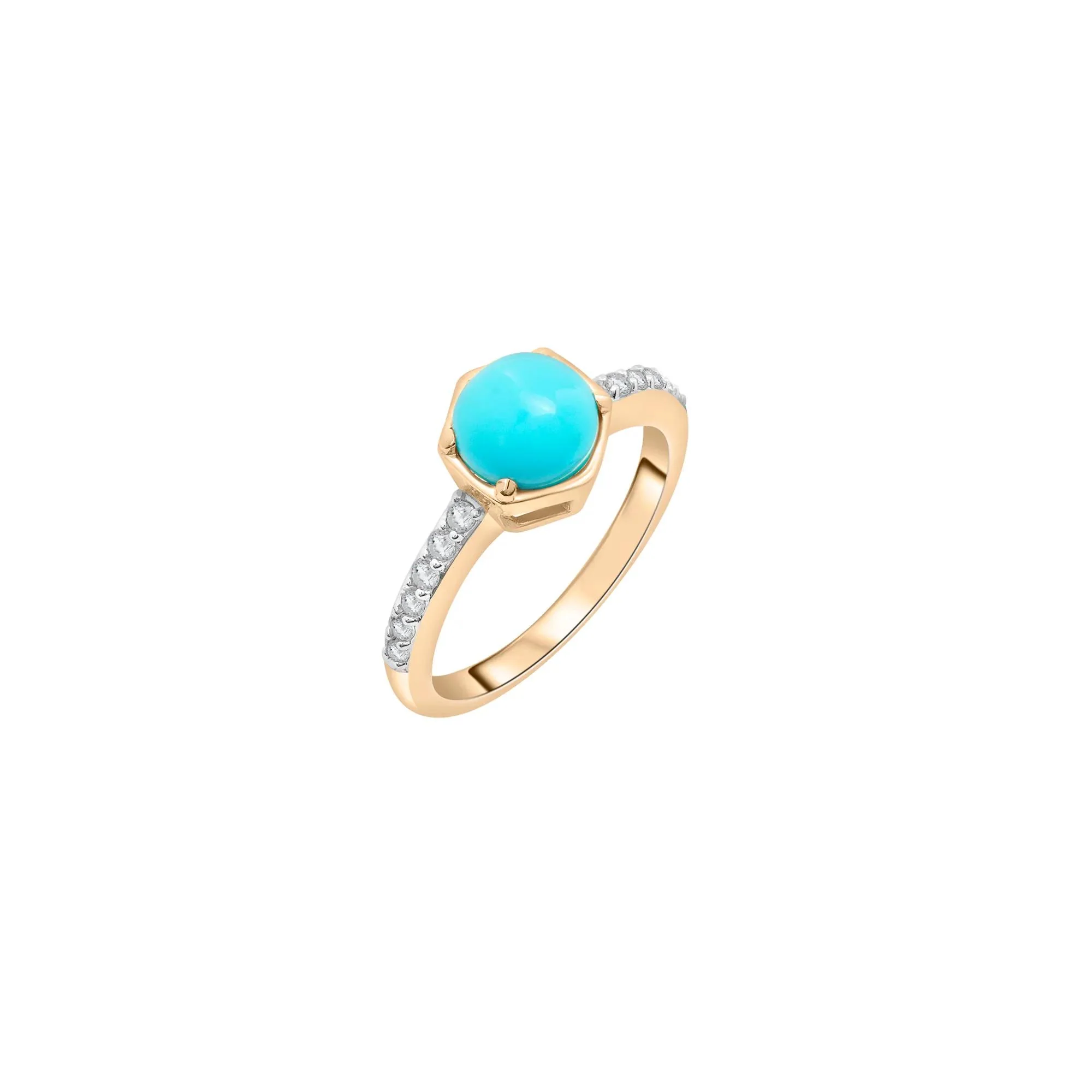Cabochon Turquoise and White Topaz Ring 10K Yellow Gold Size 8 2mm - Image 5