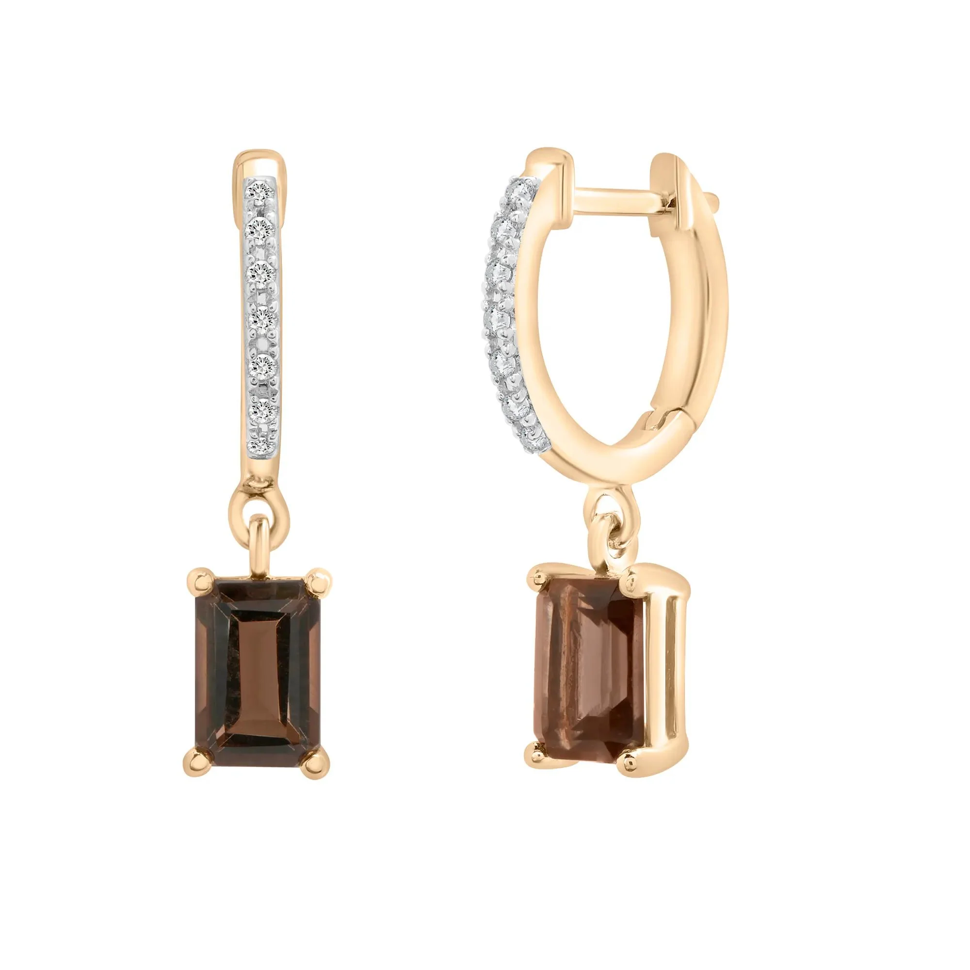 Smoky Quartz and Diamond Accent Drop Huggies 10K Yellow Gold Earring Size 4.70mm