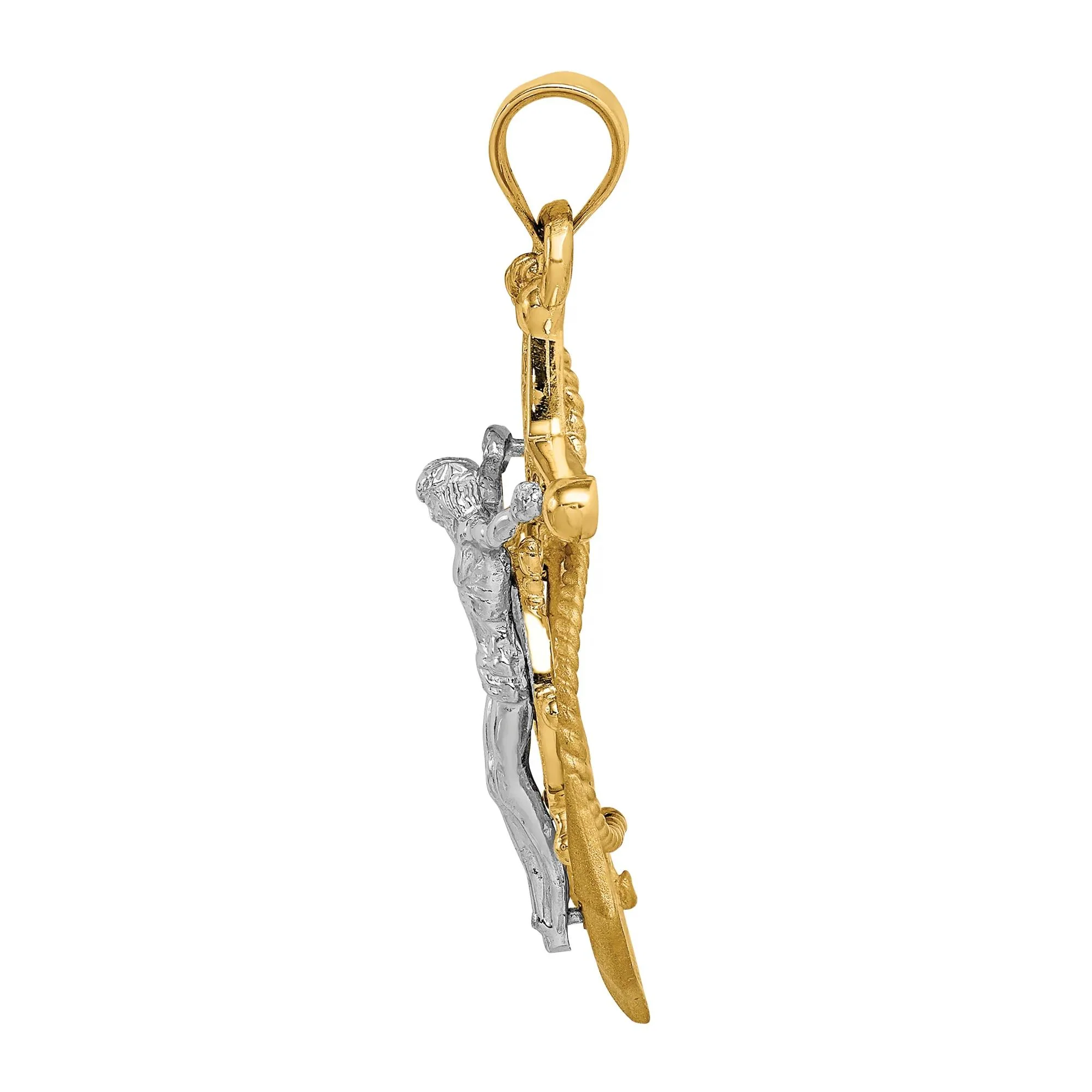 Diamond-Cut Mariner Anchor Cross Pendant Necklace 14K Yellow and White Gold Size 21.00mm