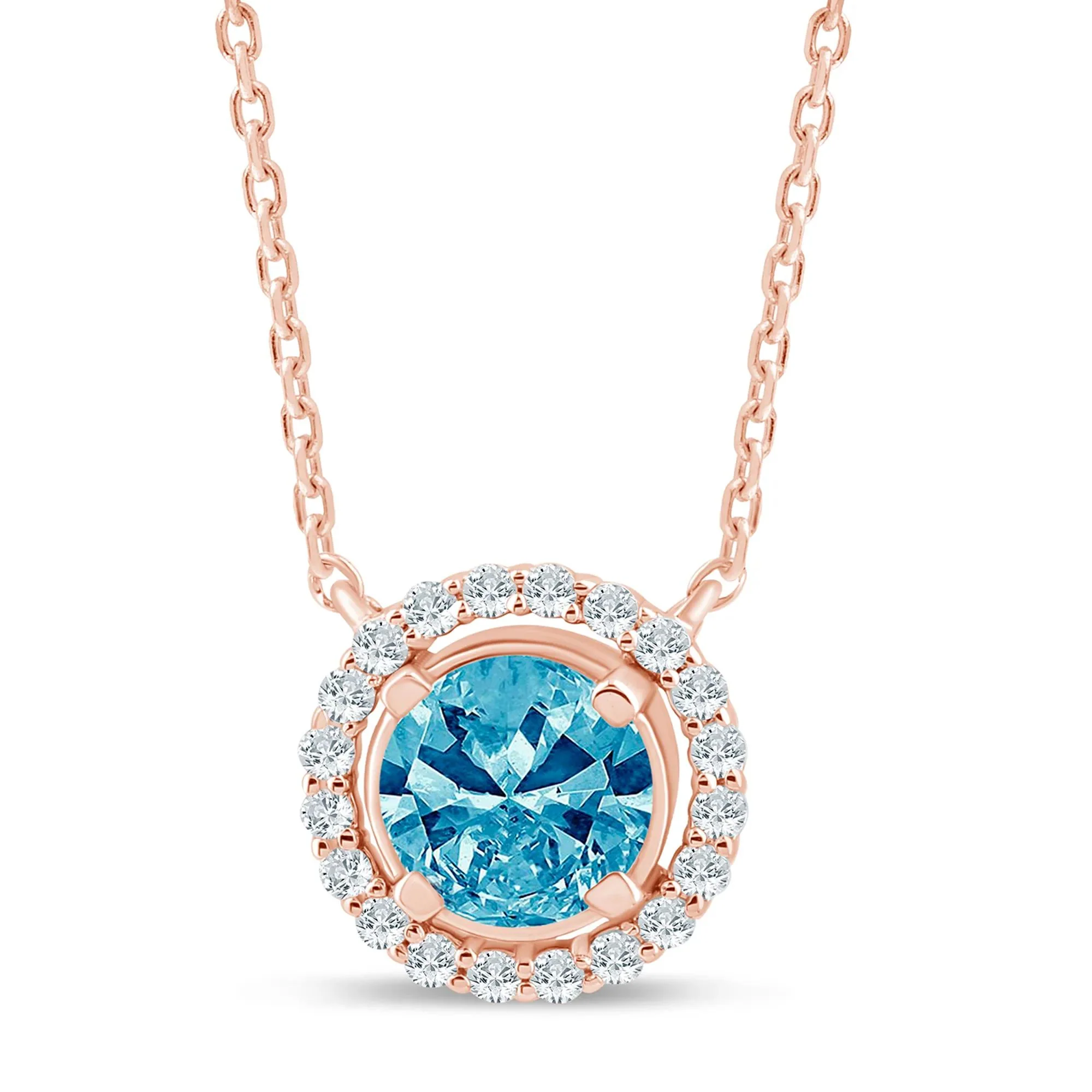 1/7 CT. Tw. Lab Grown Blue and White Diamond Halo Pendant Necklace 14K Rose Gold Size 17"