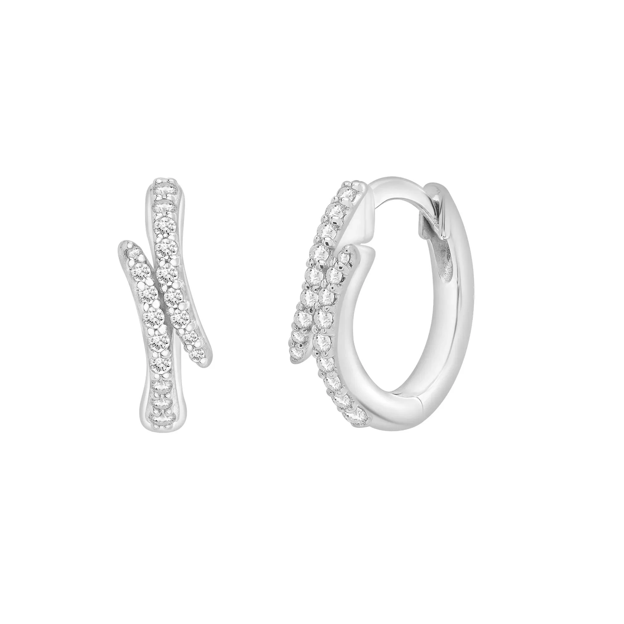 1/7 CT. Tw. Diamond Bypass Huggie Hoop Earrings .925 Sterling Silver White Size 11.50mm