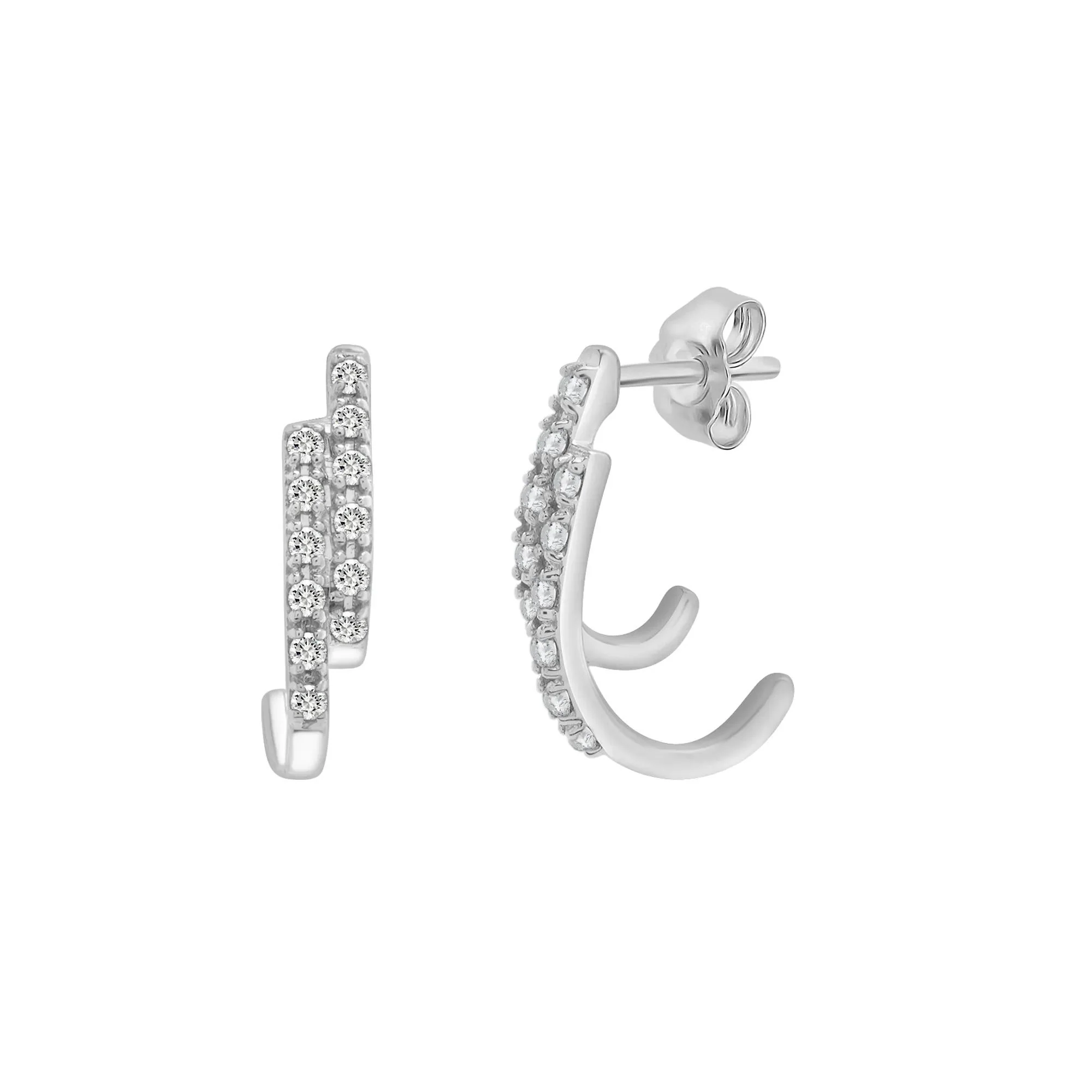 1/8 CT. Tw. Diamond Two-Row Huggie J-Hoop Earrings .925 Sterling Silver White Size 2.50mm