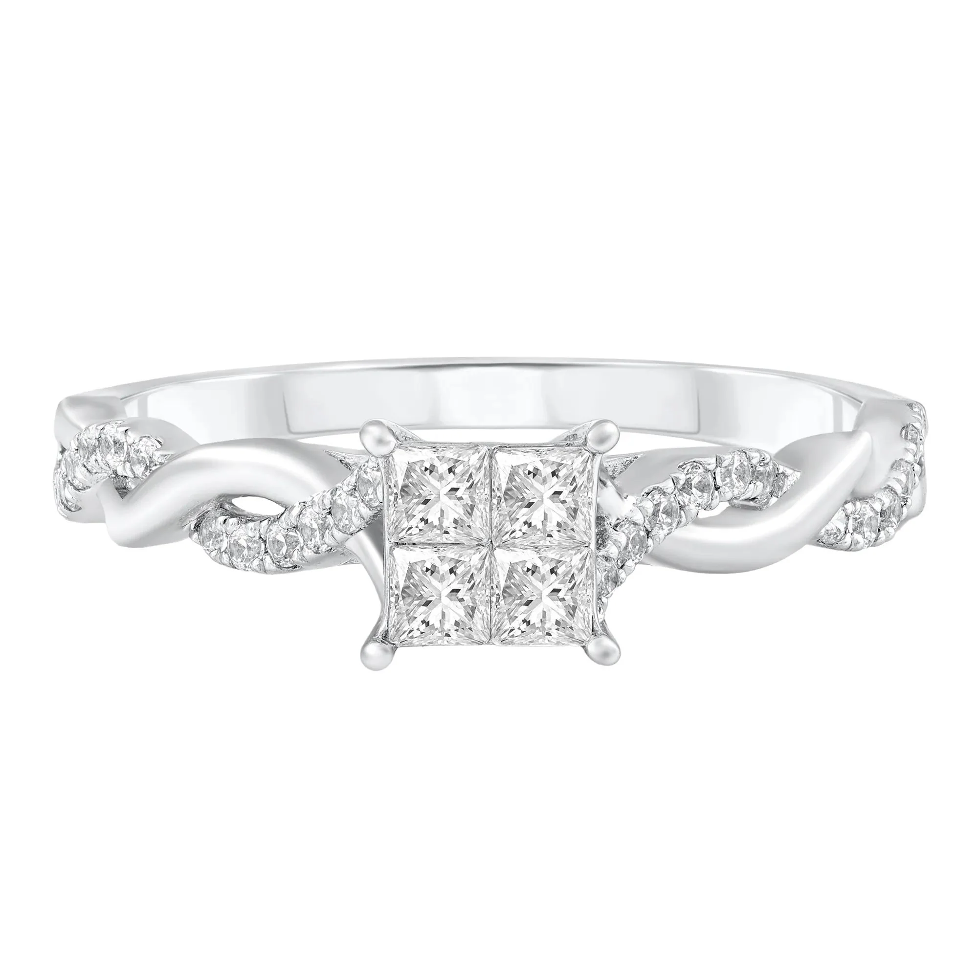 1/2 CT. Tw. Diamond Princess-Cut Twist Band Engagement Ring 14K White Gold Round Brilliant Cut Size 6