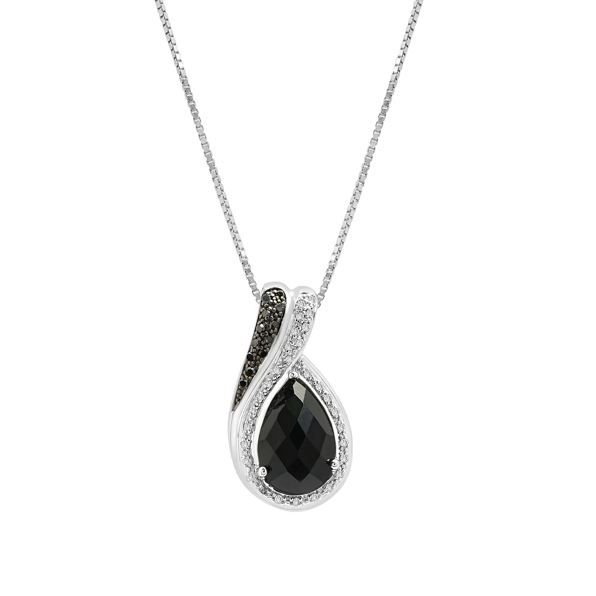 1/7 CT. Tw. Pear-Shaped Onyx Pendant Necklace with Black and White Diamonds .925 Sterling Silver Size 18"
