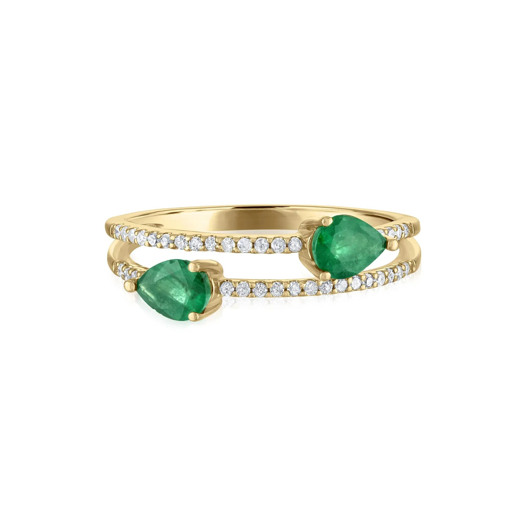 1/7 CT. Tw. Diamond and Emerald Double Row Band Ring 14K Yellow Gold Size 7 2mm