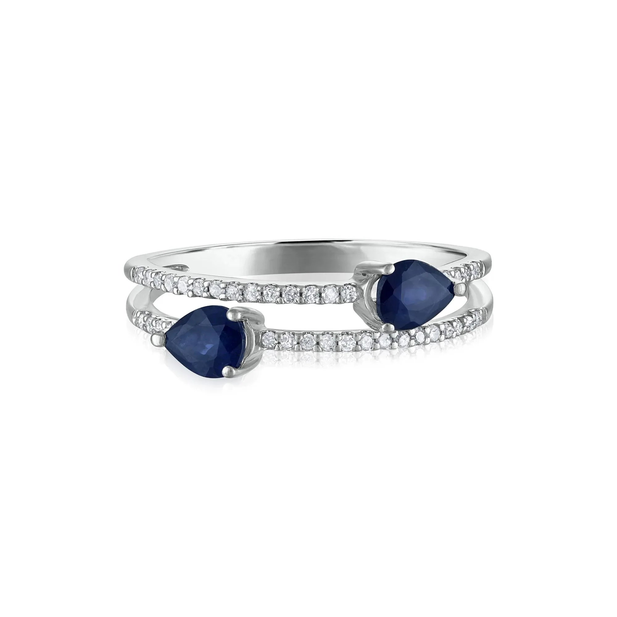 1/10 CT. Tw. Diamond and Blue Sapphire Double Row Band Ring 14K White Gold Size 7 2mm