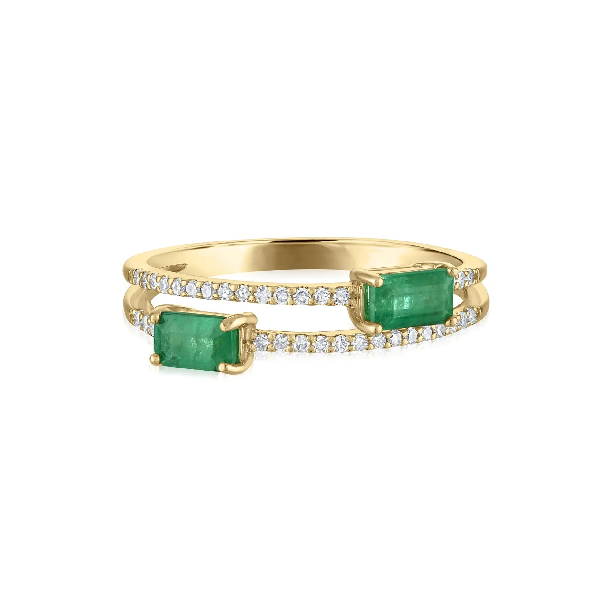 1/7 CT. Tw. Diamond and Emerald Double Row Band Ring 14K Yellow Gold Size 7 2mm