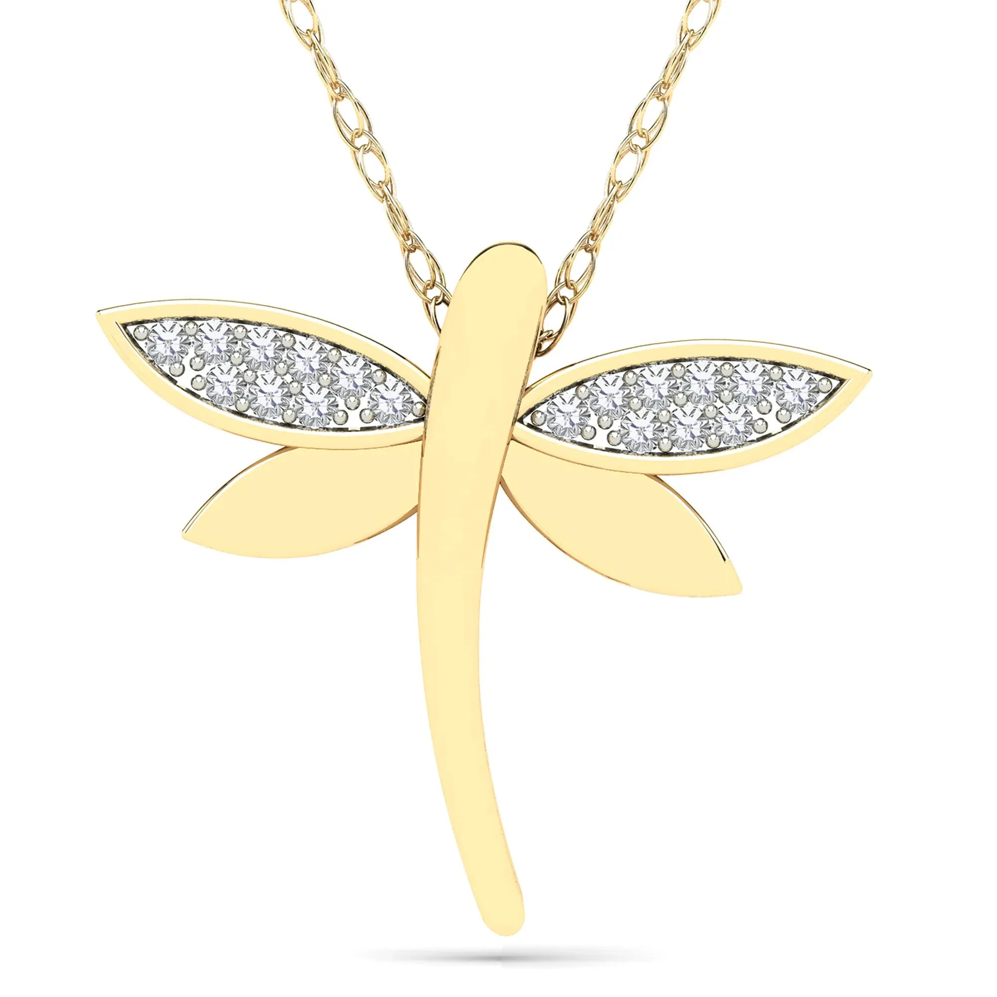 Diamond Accent Dragonfly Pendant Necklace 10K Yellow Gold Size 18"