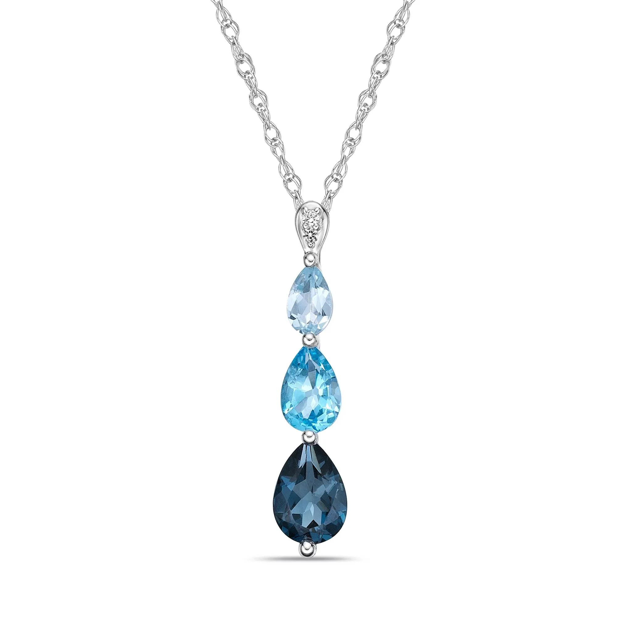 Three-Stone Blue Topaz and Diamond Accent Pendant Necklace .925 Sterling Silver White Size 18"