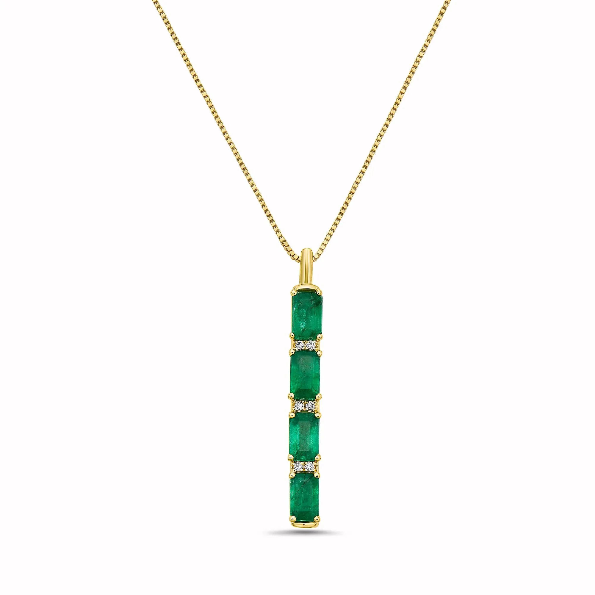 Emerald and Diamond Accent Vertical Bar Pendant Necklace 14K Yellow Gold Size 16"