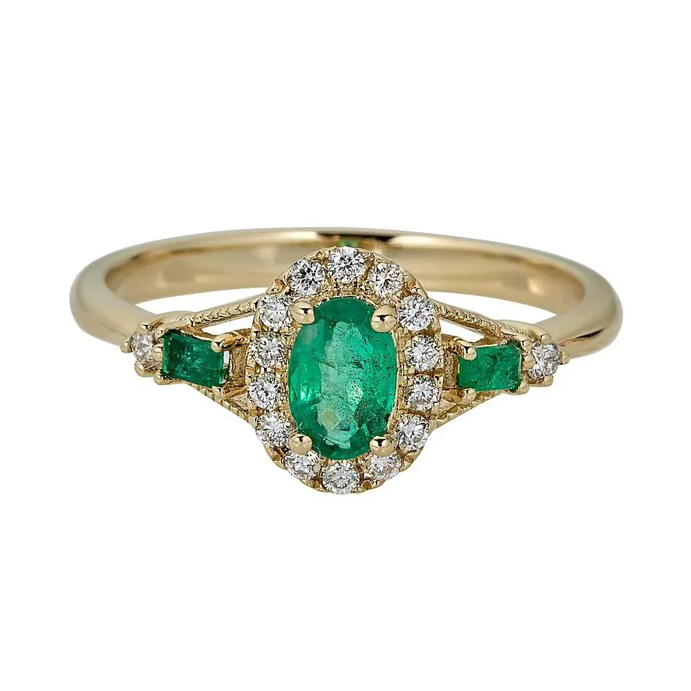 1/7 CT. Tw. Emerald & Diamond Ring 10K Yellow Gold Round Brilliant Cut Size 8