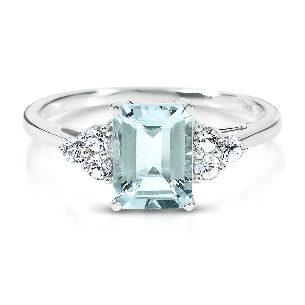 Aquamarine & Lab Created White Sapphire Ring 10K White Gold Size 6 1mm