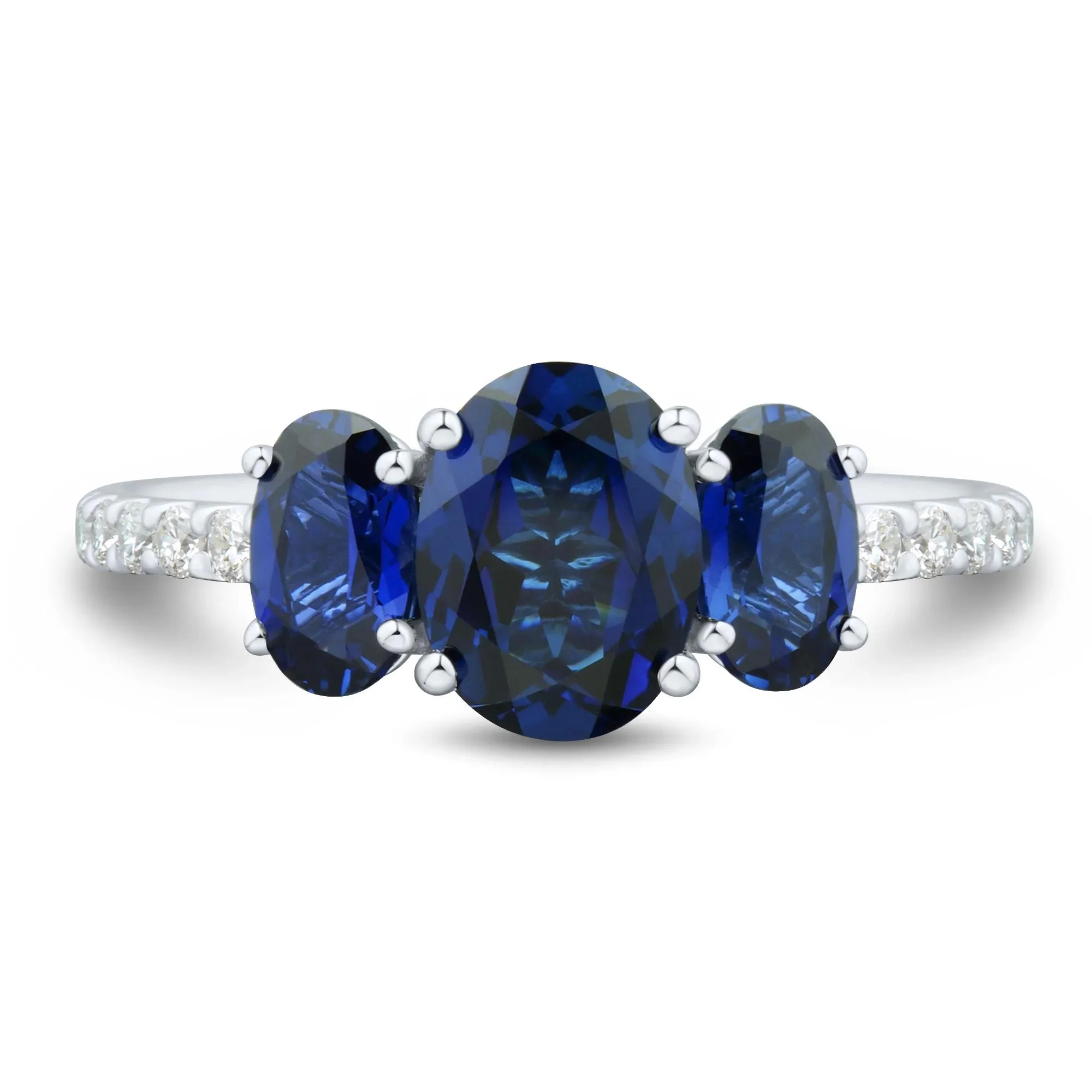 1/5 CT. Tw. Lab-Created Blue Sapphire and Lab Grown Diamond Three-Stone Ring 10K White Gold Size 8.5 1mm