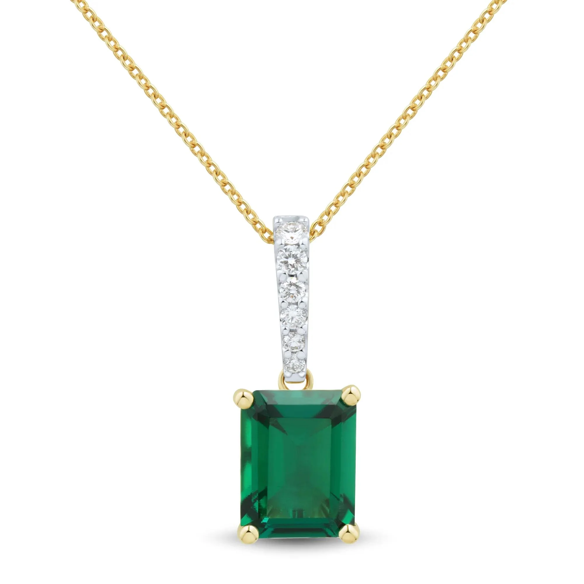 1/10 CT. Tw. Lab-Created Emerald and Lab Grown Diamond Pendant Necklace 10K Yellow Gold Size 18"