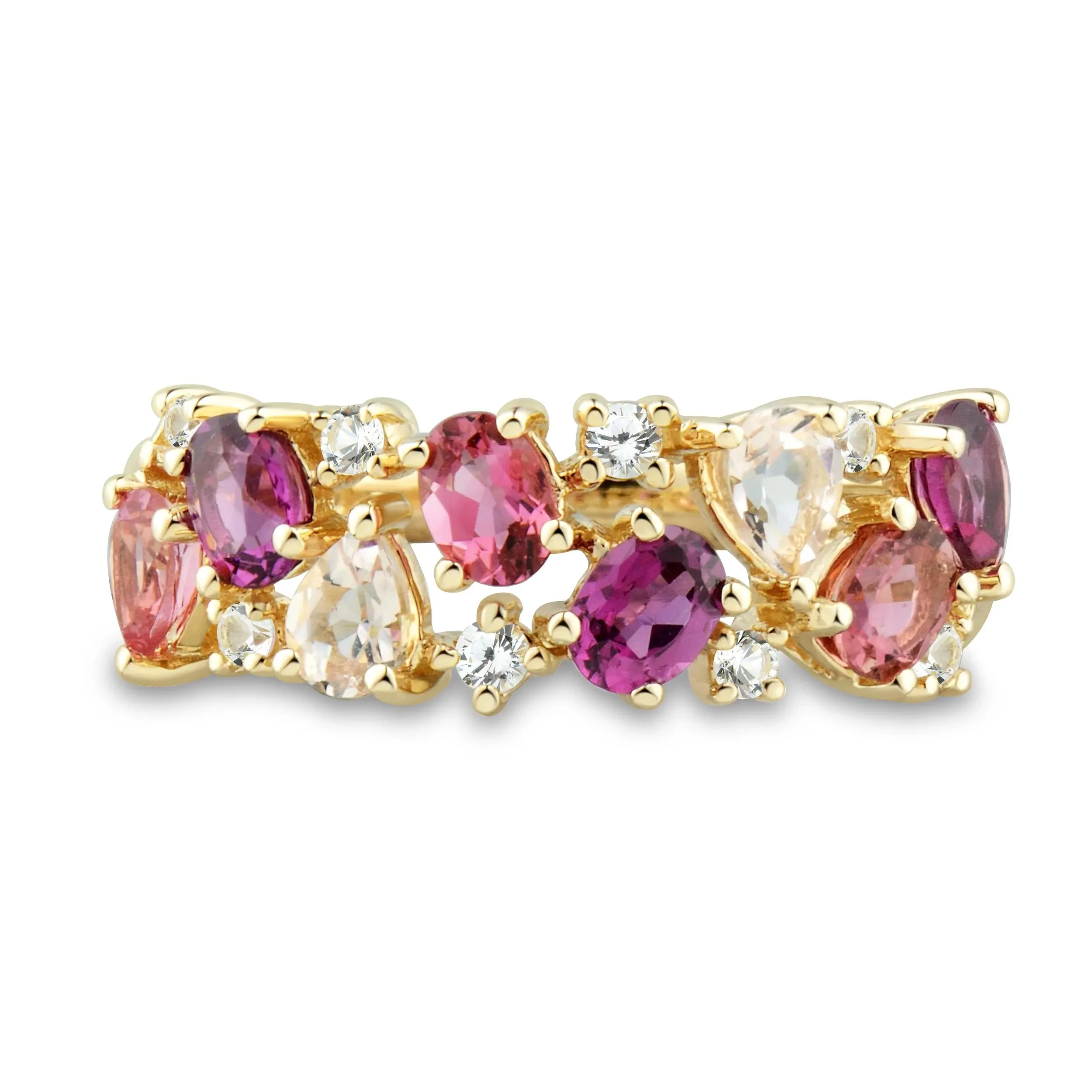 Multi-Shape Pink Morganite Pink Tourmaline Red Garnet and White Topaz Ring 10K Yellow Gold Size 8 1mm