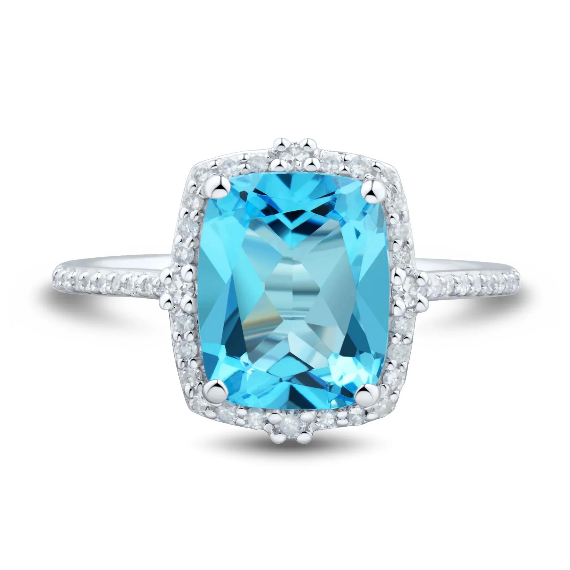 1/5 CT. Tw. Blue Topaz Cushion-Cut Diamond Halo Ring 10K White Gold Round Brilliant Cut Size 6 1mm