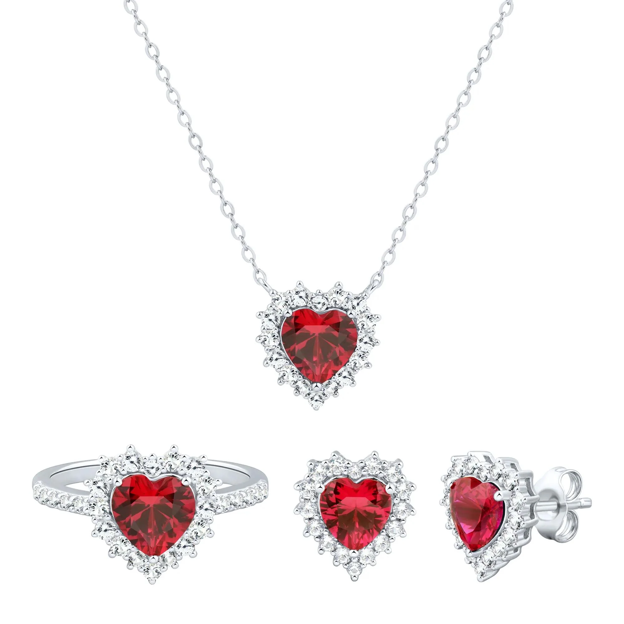 Lab-Created Ruby and Lab-Created White Sapphire Ring Earring and Pendant Set .925 Sterling Silver Size 6 1.5mm