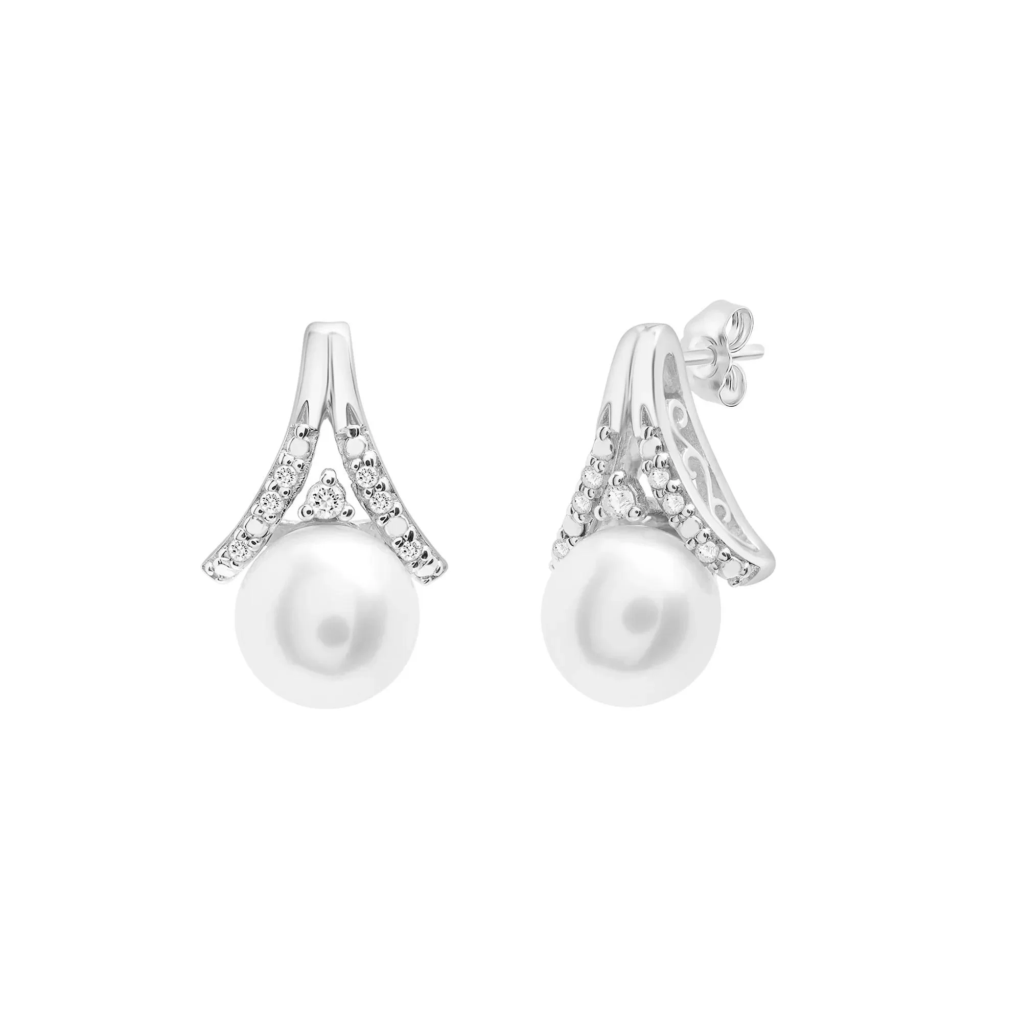 Freshwater Cultured Pearl and Diamond Accent Stud Earrings .925 Sterling Silver White Size 8.00mm