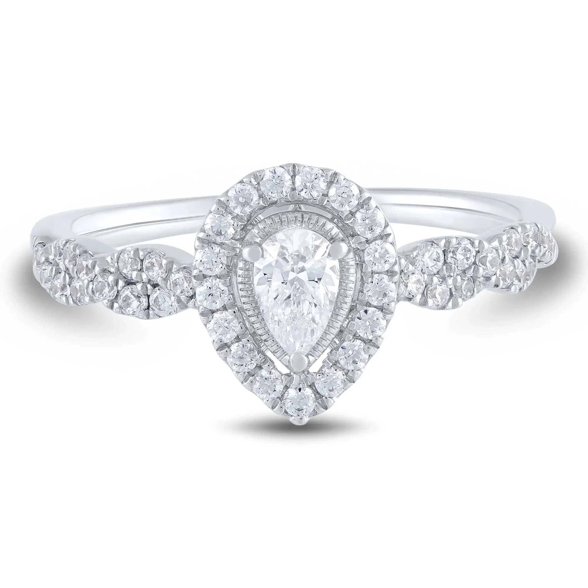 1/2 CT. Tw. Diamond Pear-Shaped Halo Engagement Ring 10K White Gold Round Brilliant Cut Size 7.5 1mm