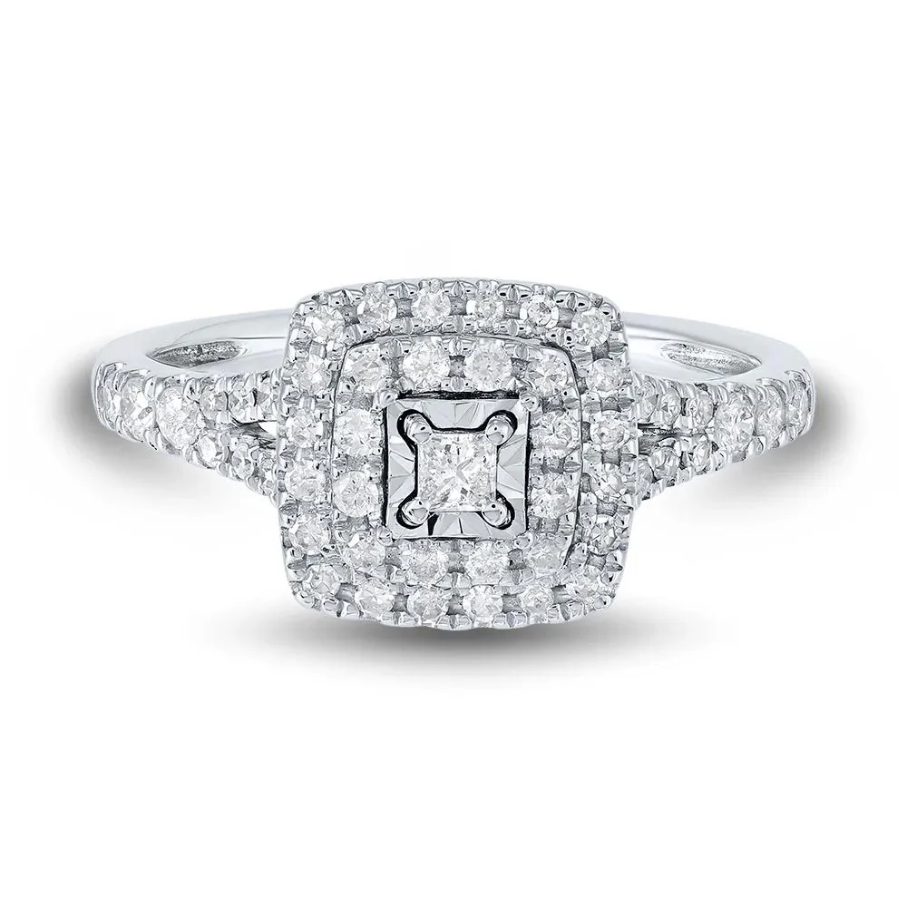 1/2 CT. Tw. Princess-Cut Double-Halo Diamond Engagement Ring 10K White Gold Size 6.5