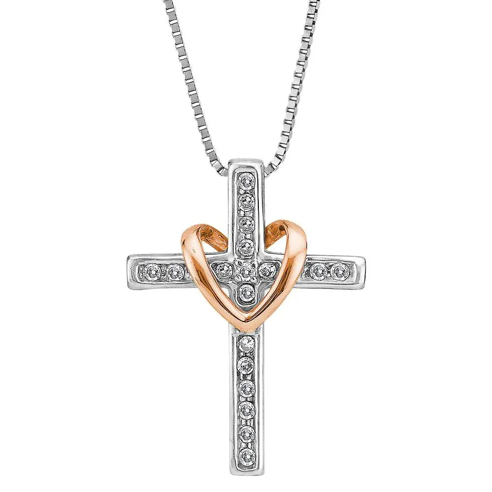 1/7 CT. Tw. Diamond Cross Pendant Necklace .925 Sterling Silver & 14K Rose Gold White Size 18"