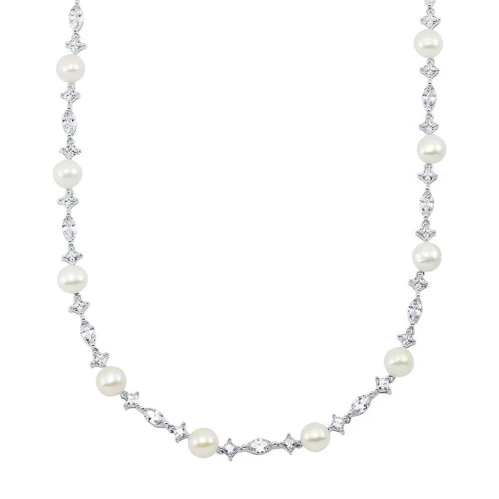 Freshwater Cultured Pearl & Lab Created White Sapphire Necklace .925 Sterling Silver Size 17"