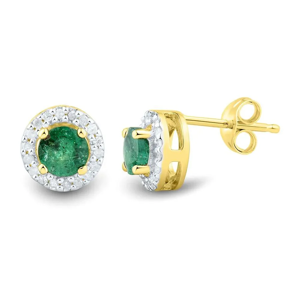 1/10 CT. Tw. Emerald & Diamond Stud Earrings 10K Yellow Gold Size 7.50mm