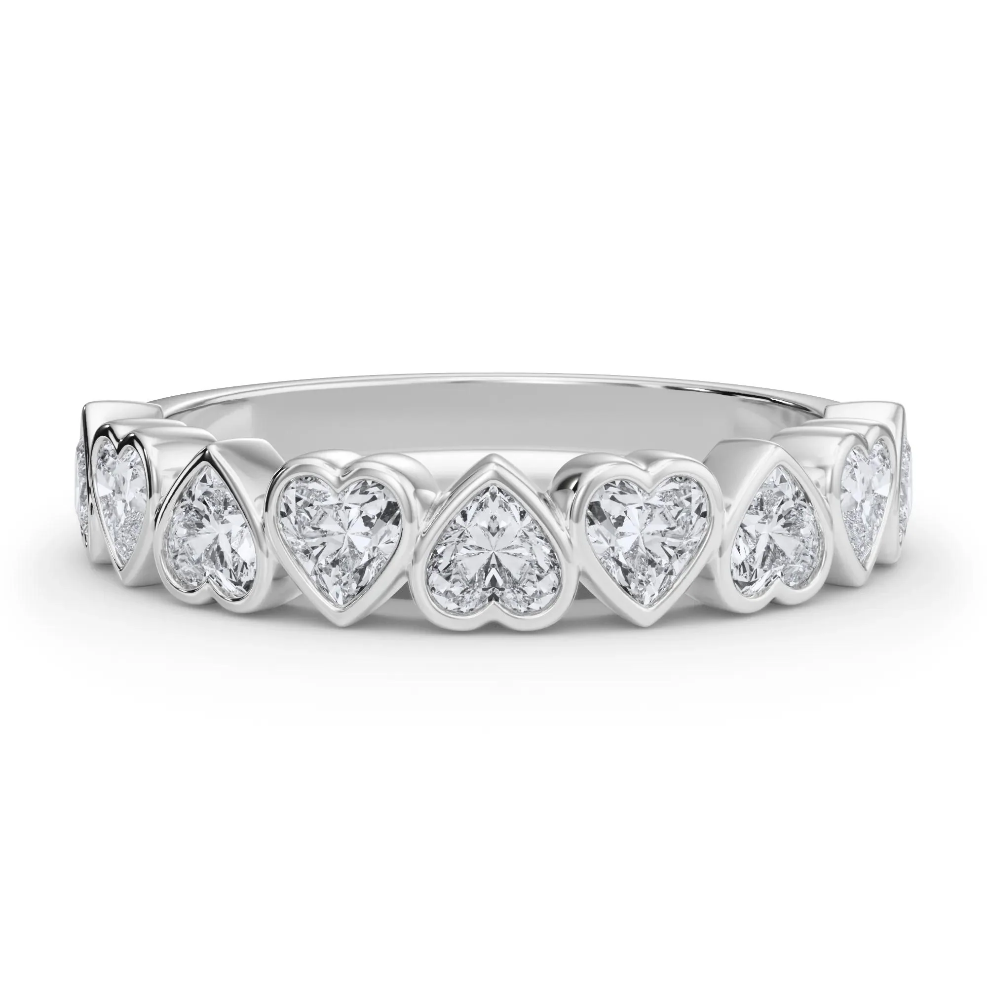 1 CT. Tw. Lab Grown Diamond Heart Bezel Half Eternity Band Ring Platinum White Size 6.5 2.5mm