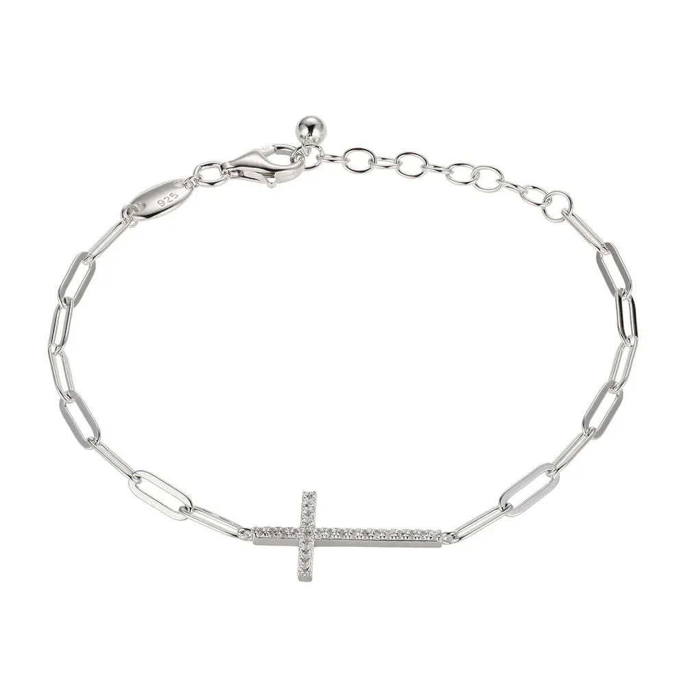 Cross Bracelet with Paperclip Chain .925 Sterling Silver White Size 22.00mm