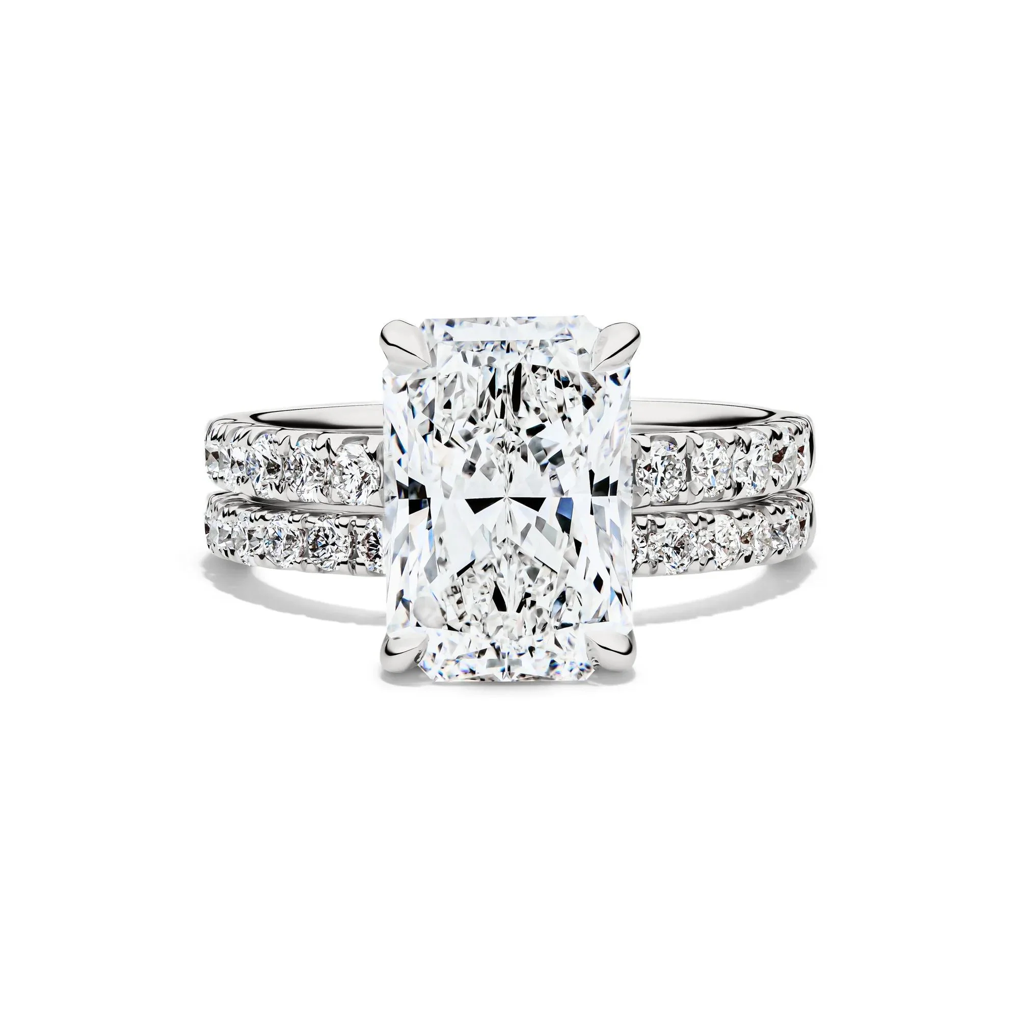 5 CT. Tw. Lab Grown Diamond Radiant-Cut Bridal Set 14K White Gold Ring Round Brilliant Cut Size 6.5 2mm