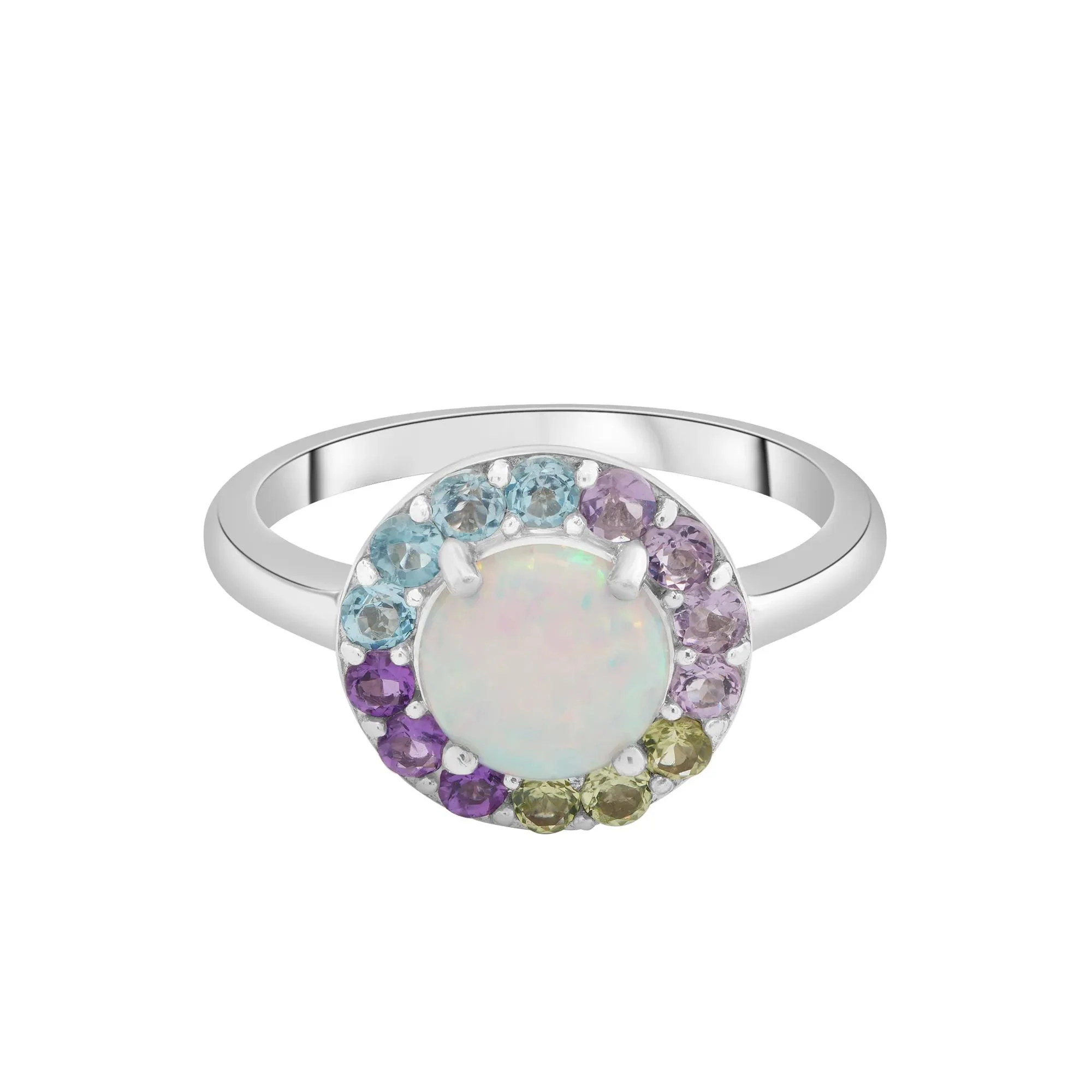 Lab-Created Opal and Multi-Gemstone Halo Ring .925 Sterling Silver White Size 7 2mm