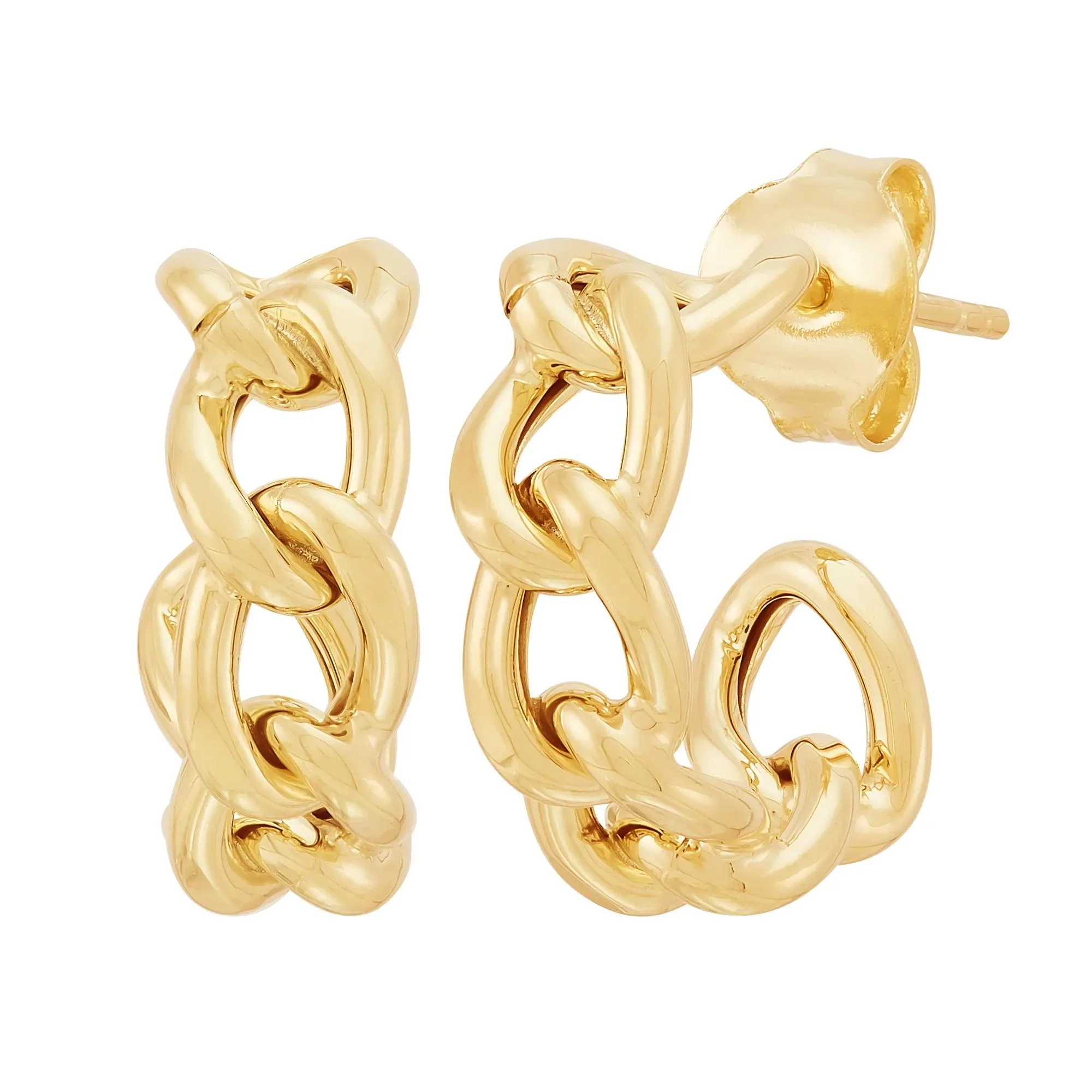 Curb Chain J-Hoop Earrings 14K Yellow Gold Size 12.00mm