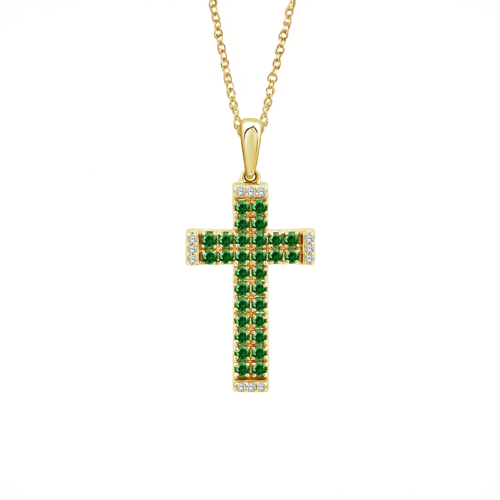 Emerald and Diamond Accent Cross Pendant Necklace 10K Yellow Gold Size 18"
