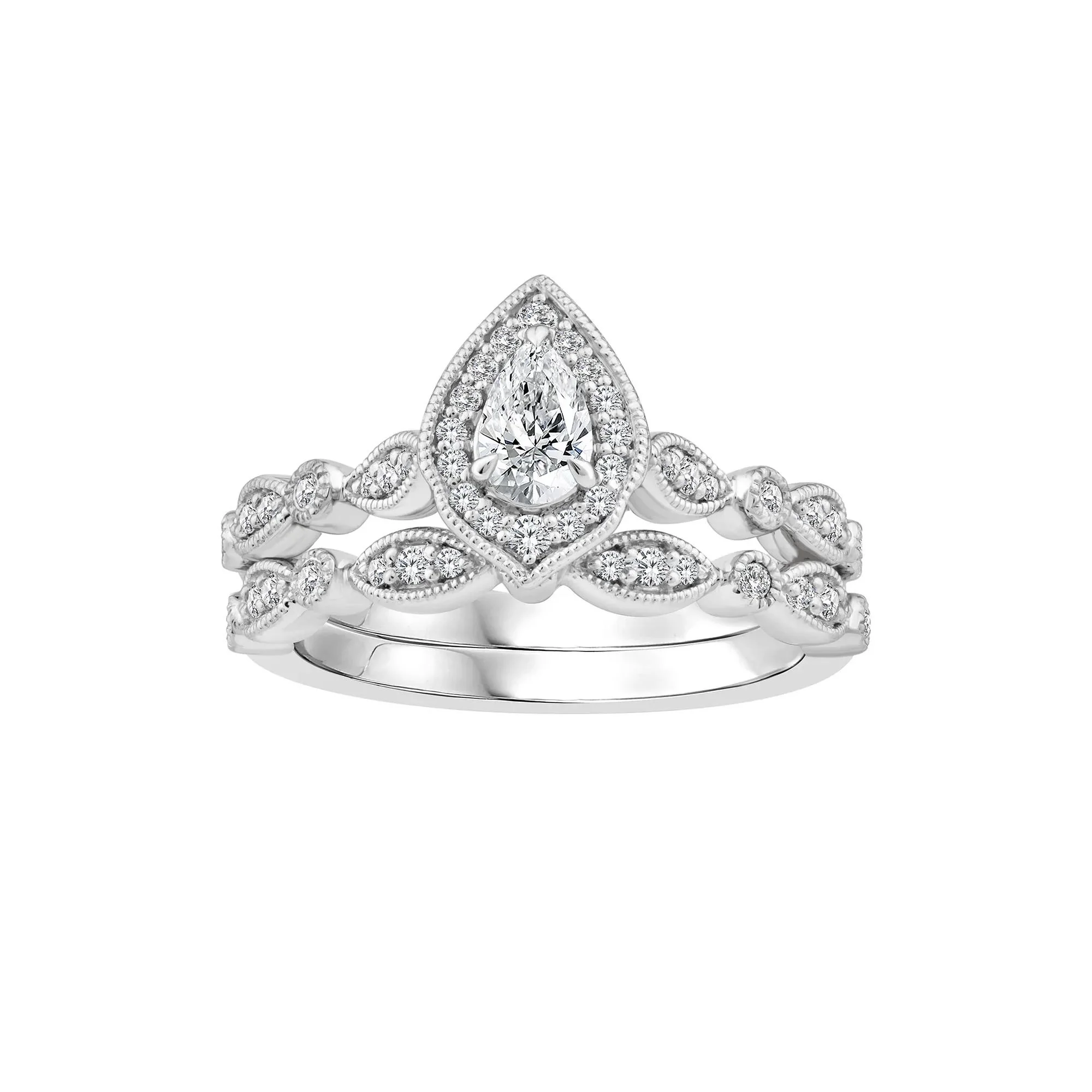 5/8 CT. Tw. Pear-Shaped Diamond Engagement Set 14K White Gold Ring Size 6.5 2mm