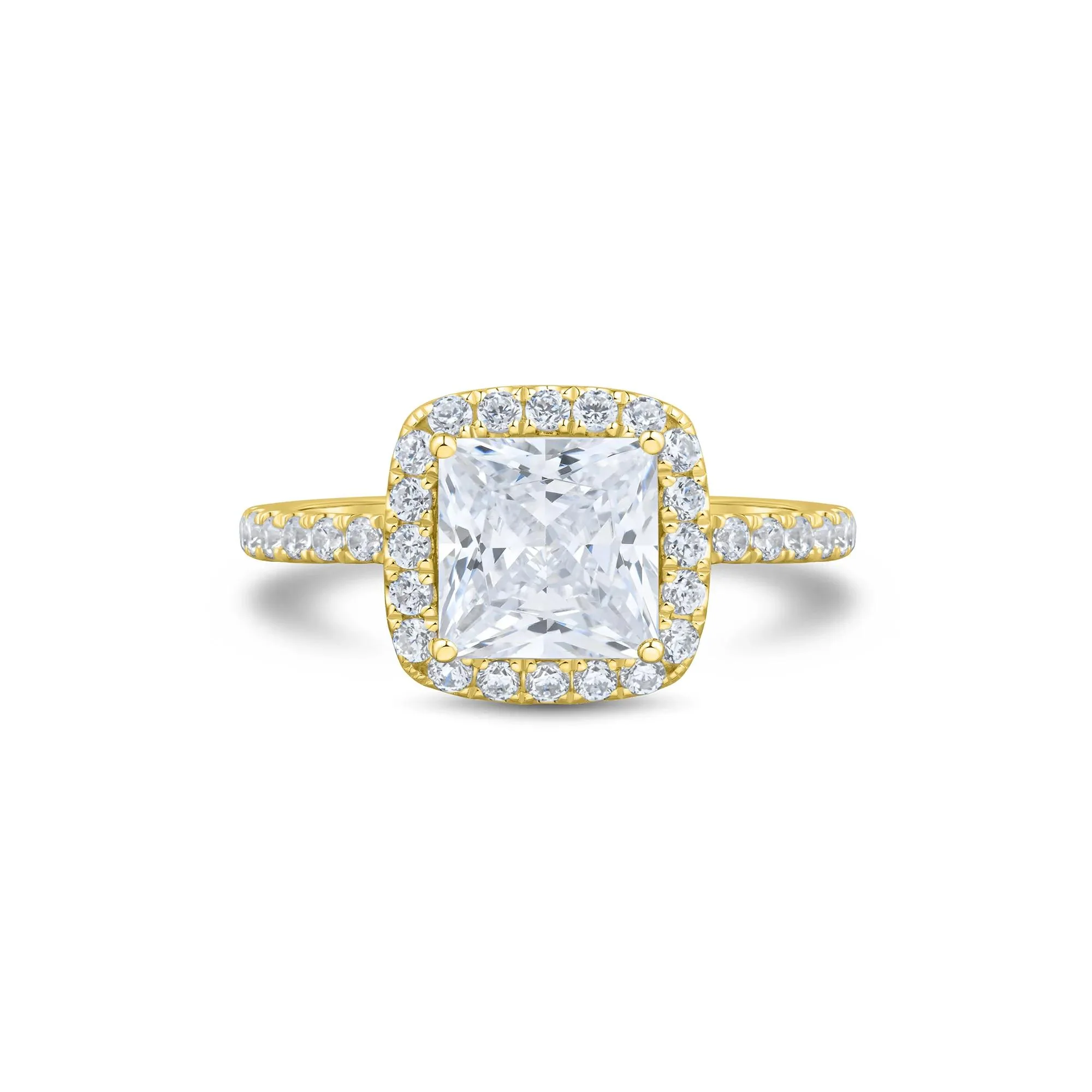 2 CT. Tw. Lab Grown Diamond Princess-Cut Halo Engagement Ring 14K Yellow Gold Round Brilliant Cut Size 6.5 1.5mm