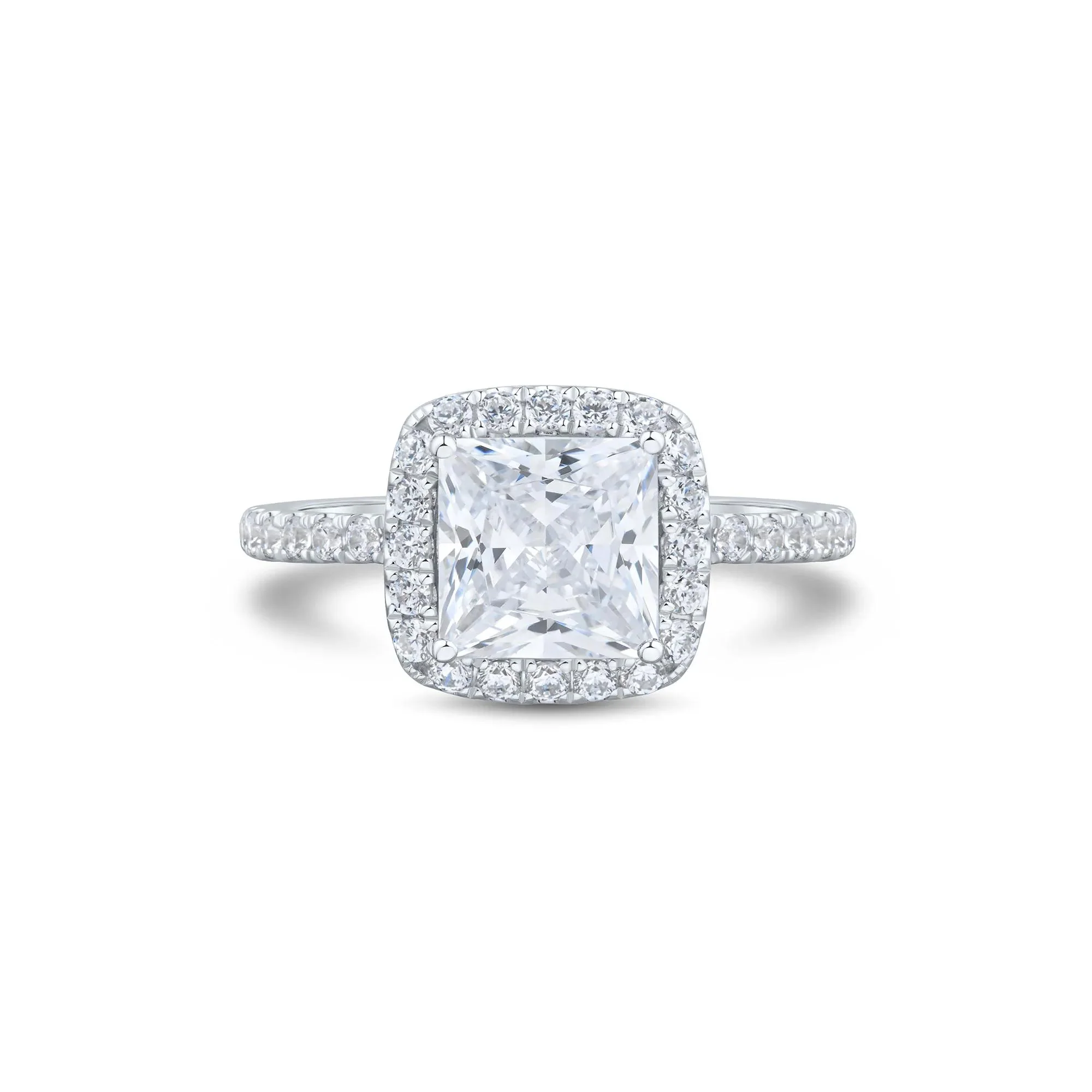 2 CT. Tw. Lab Grown Diamond Princess-Cut Halo Engagement Ring 14K White Gold Round Brilliant Cut Size 7 1.5mm