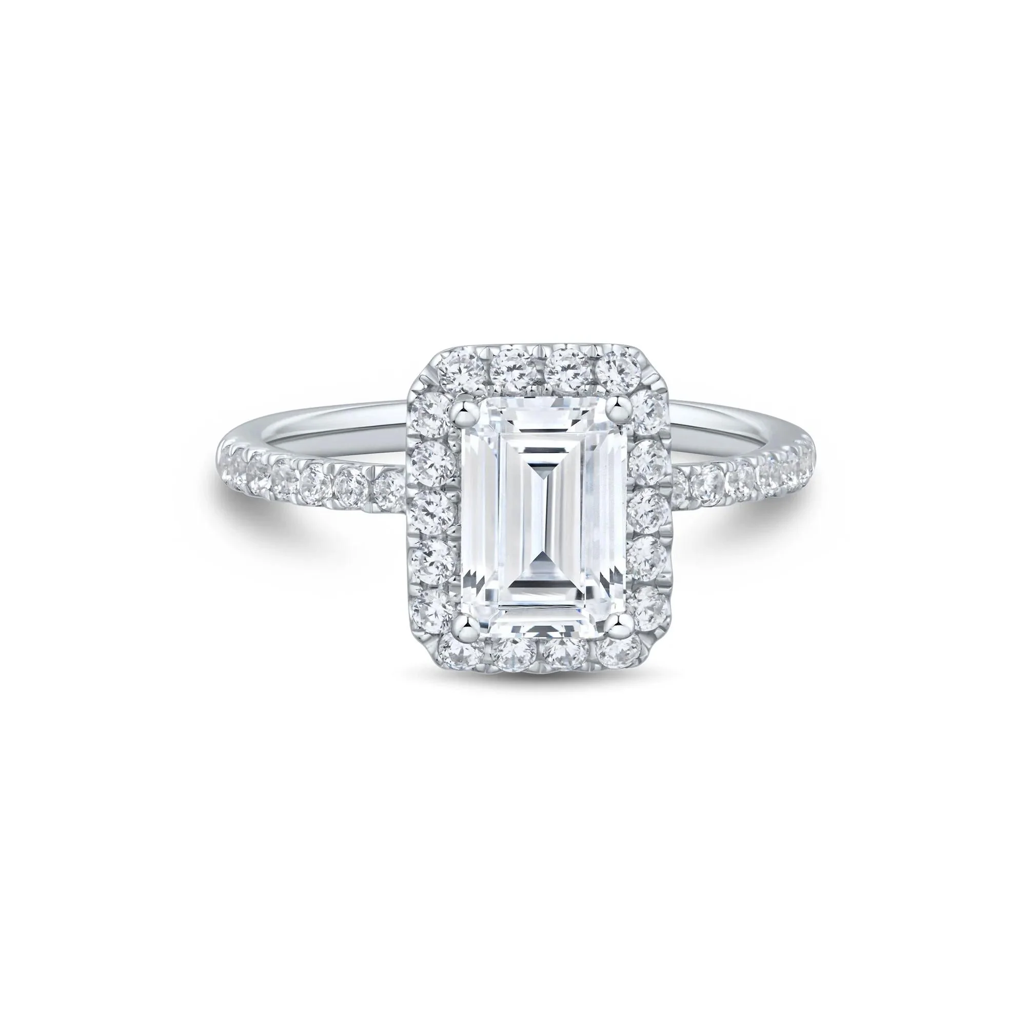 2 CT. Tw. Lab Grown Diamond Emerald-Cut Halo Engagement Ring 14K White Gold Size 6 1.5mm