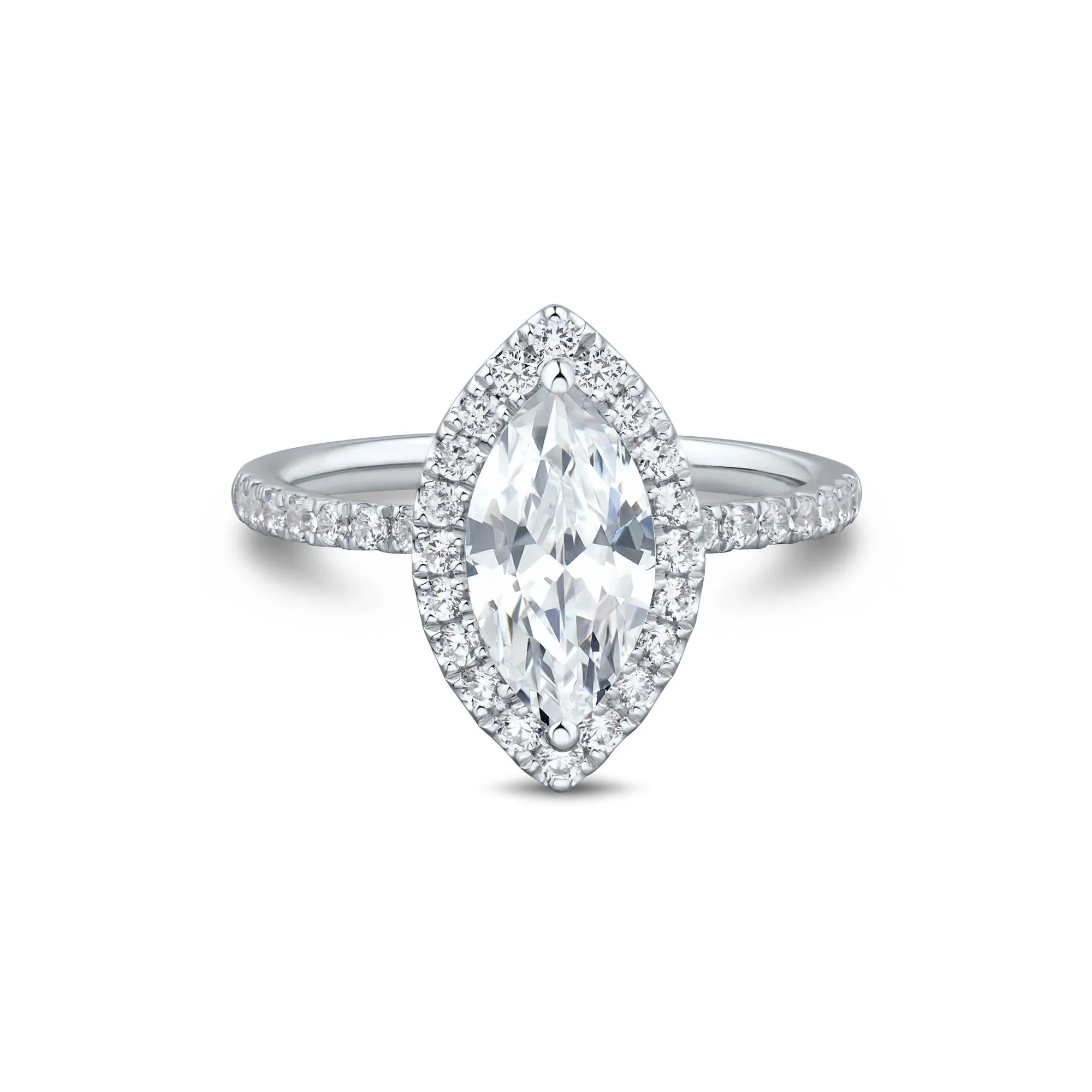2 CT. Tw. Lab Grown Diamond Marquise-Cut Halo Engagement Ring 14K White Gold Size 8 1.5mm