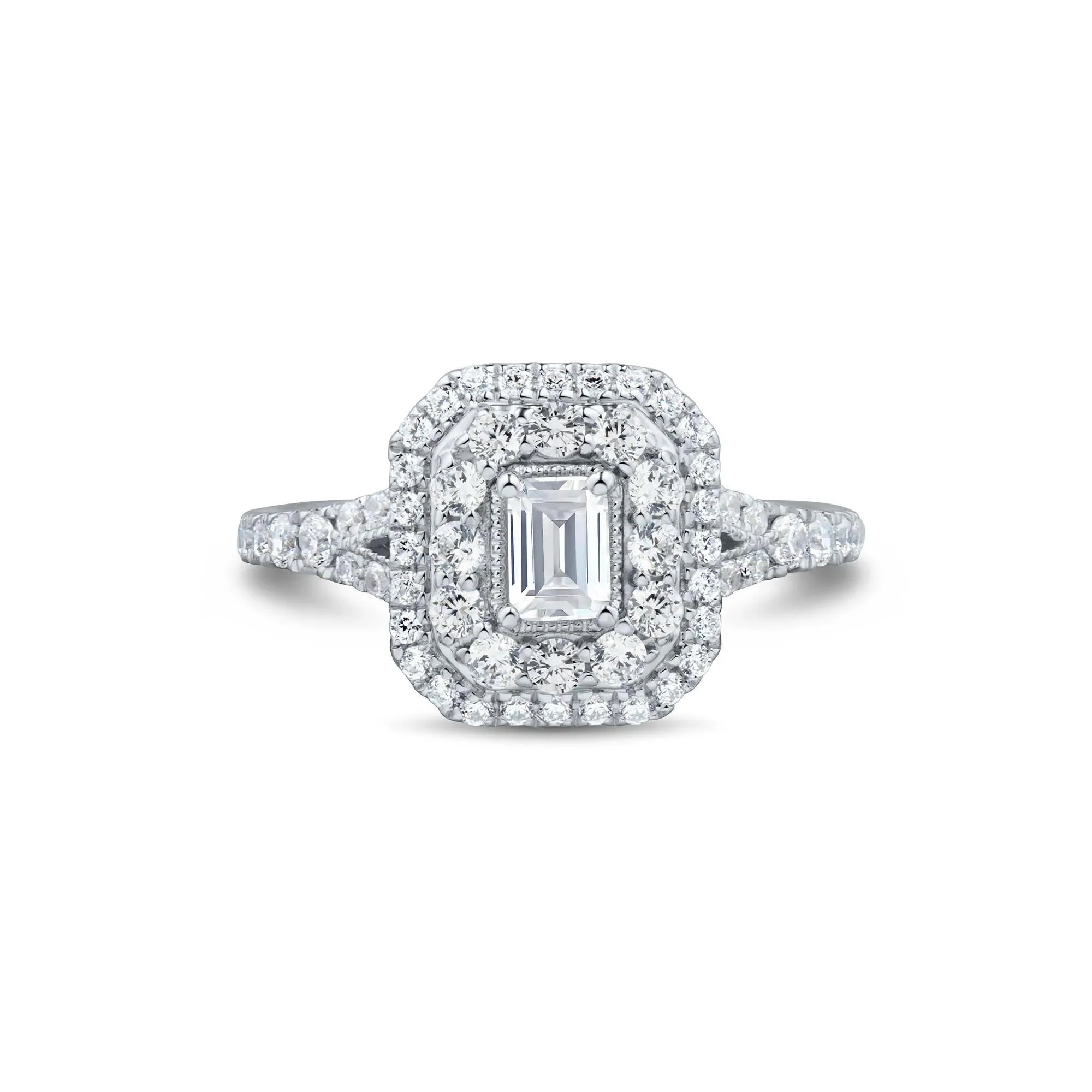 1 CT. Tw. Diamond Emerald-Cut Double Halo Engagement Ring 10K White Gold Size 8 1.5mm