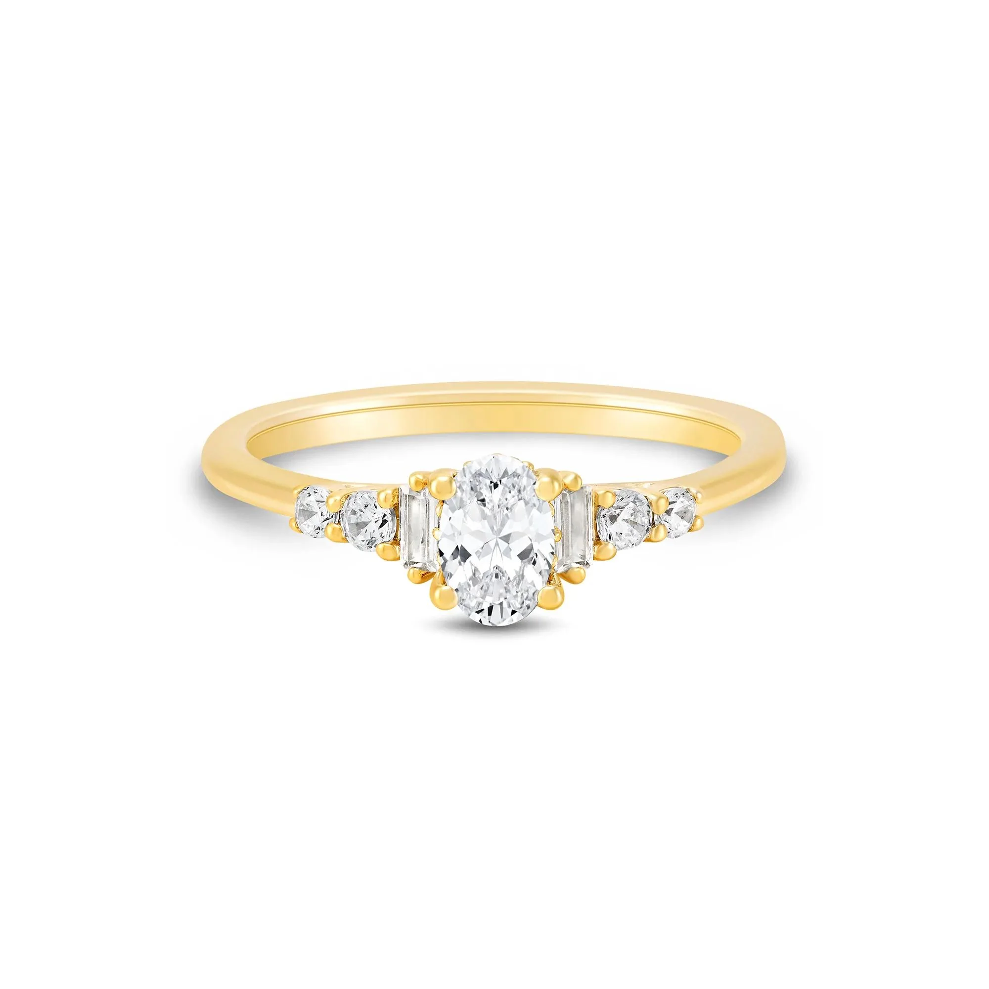 3/4 CT. Tw. Diamond Oval and Baguette Engagement Ring 14K Yellow Gold Round Brilliant Cut Size 7 1.5mm