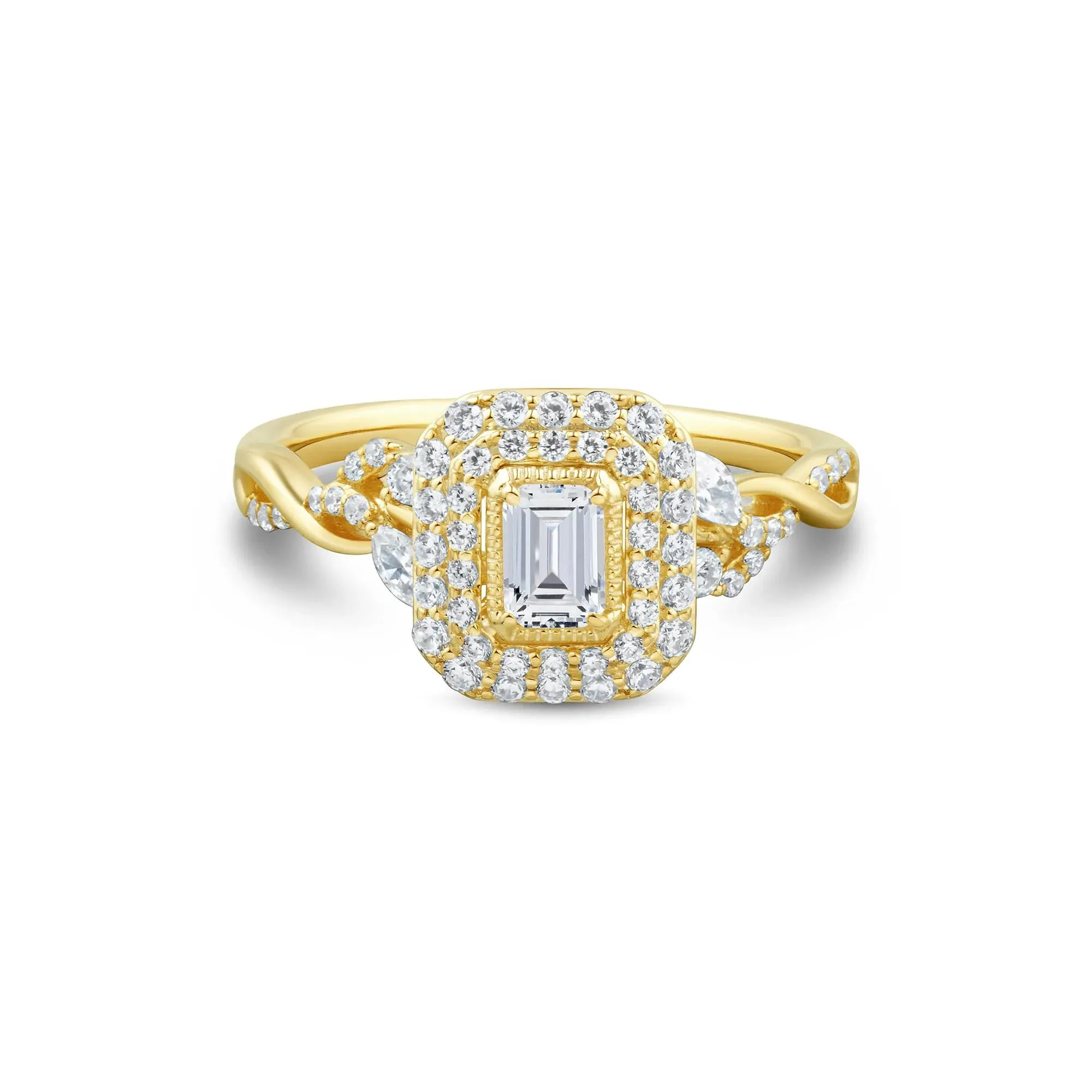 3/4 CT. Tw. Diamond Emerald-Cut Halo Engagement Ring 10K Yellow Gold Round Brilliant Cut Size 6 1mm