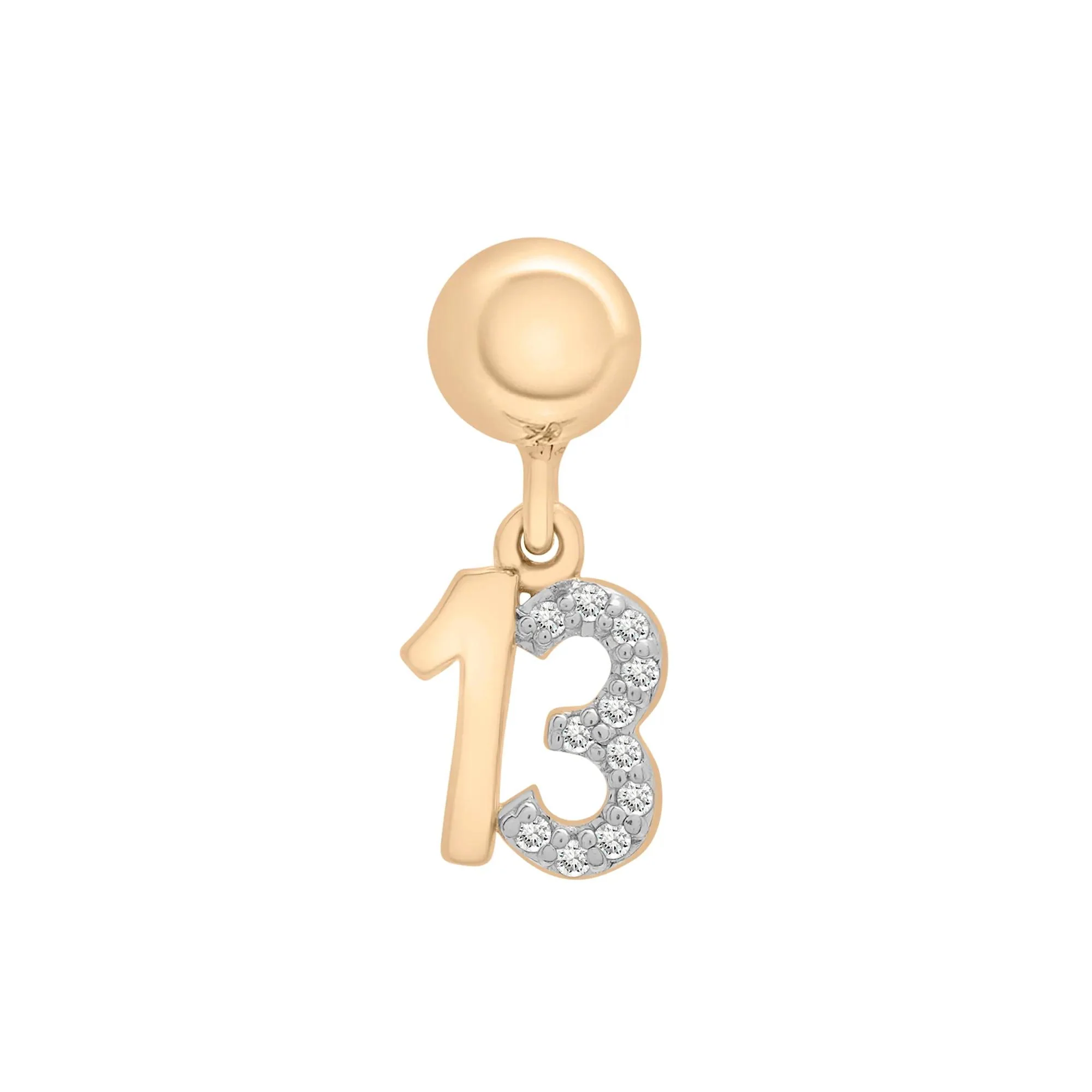 Diamond Accent Lucky Number 13 Bead Charm Vermeil Yellow Size 12.00mm