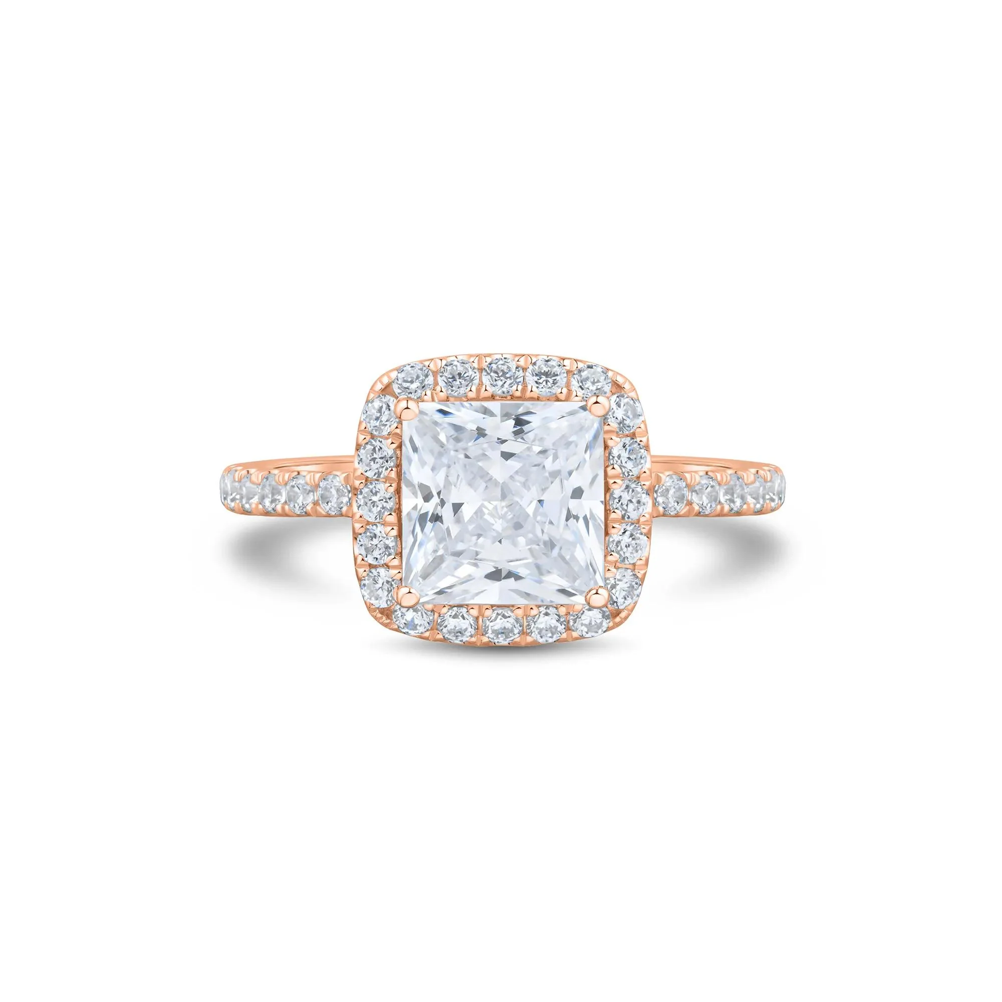 2 CT. Tw. Lab Grown Diamond Princess-Cut Halo Engagement Ring 14K Rose Gold Round Brilliant Cut Size 5.5 1.5mm