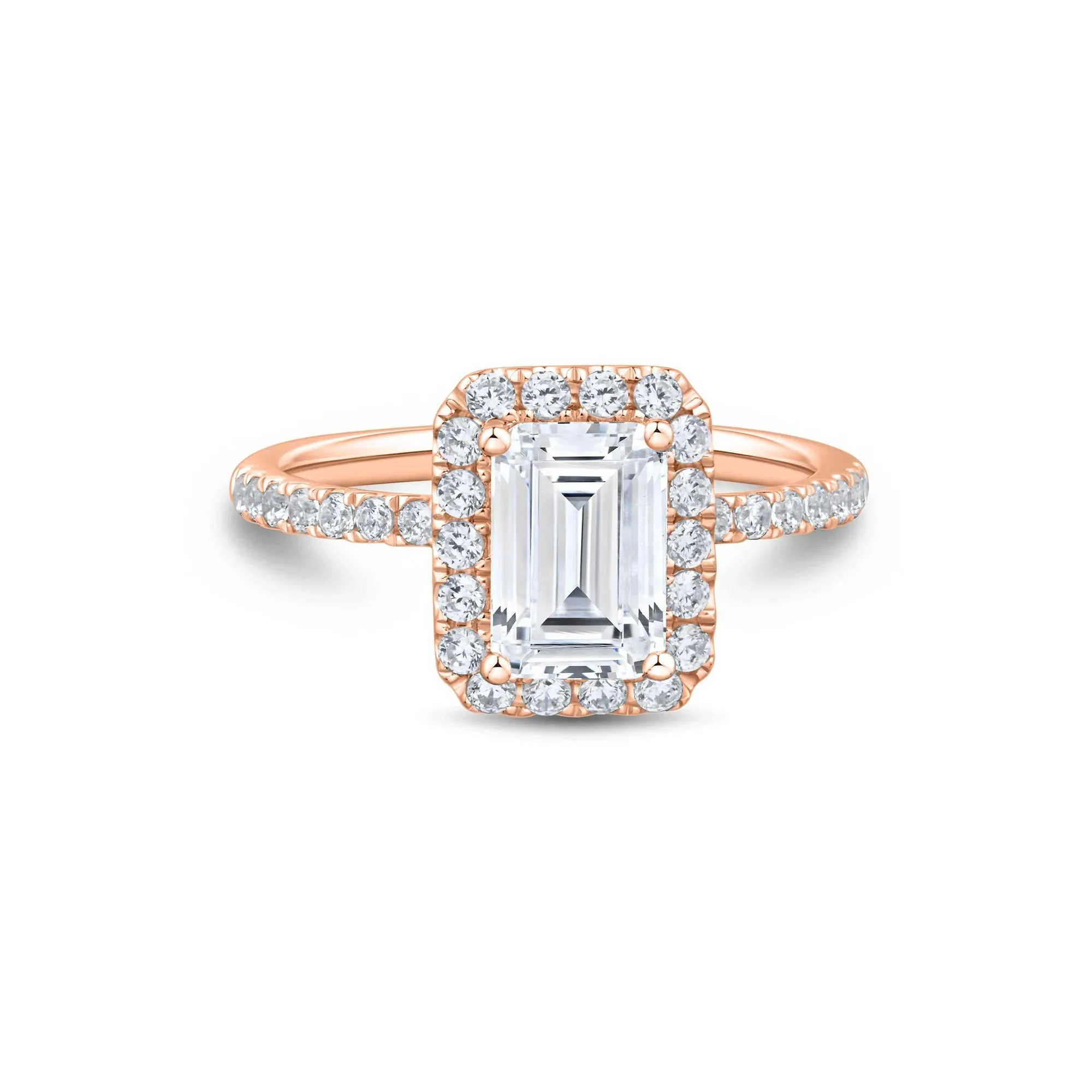 2 CT. Tw. Lab Grown Diamond Emerald-Cut Halo Engagement Ring 14K Rose Gold Size 7 1.5mm