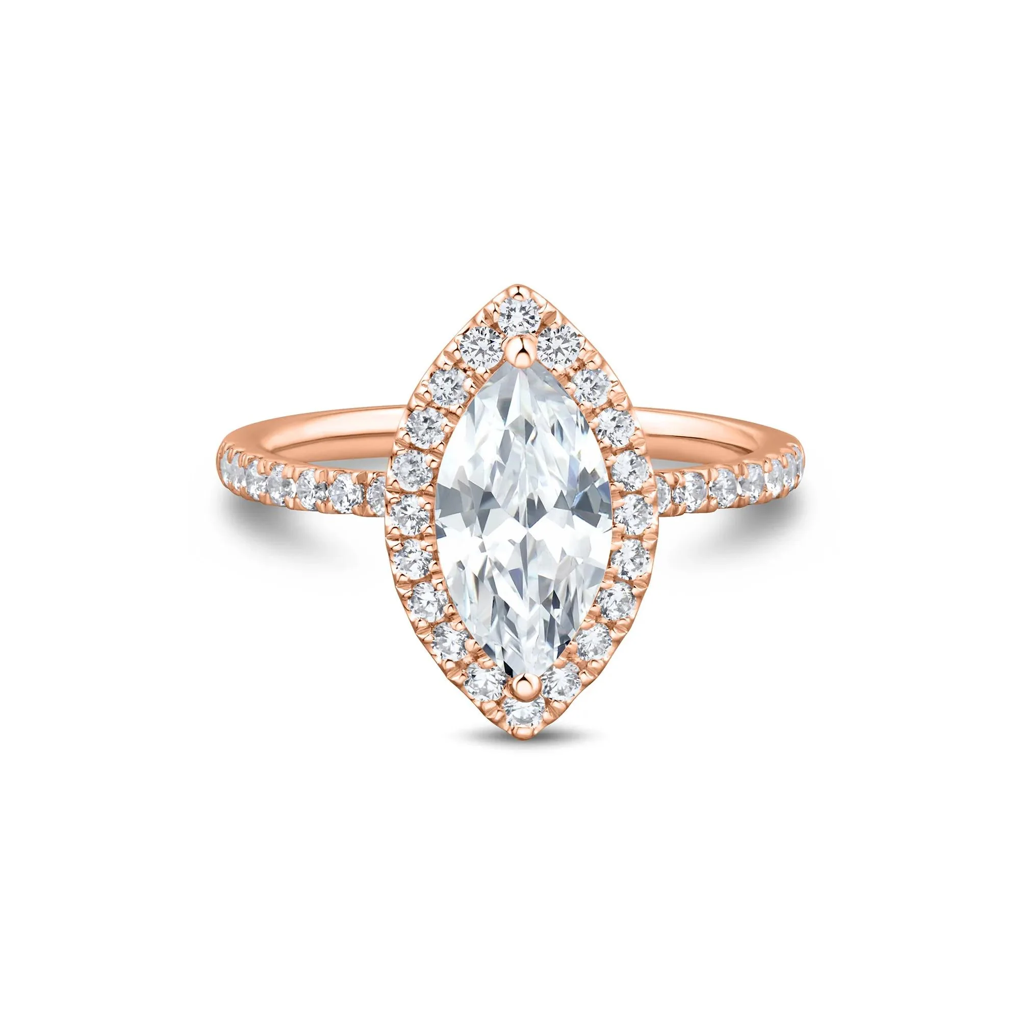 2 CT. Tw. Lab Grown Diamond Marquise-Cut Halo Engagement Ring 14K Rose Gold Size 8 1.5mm