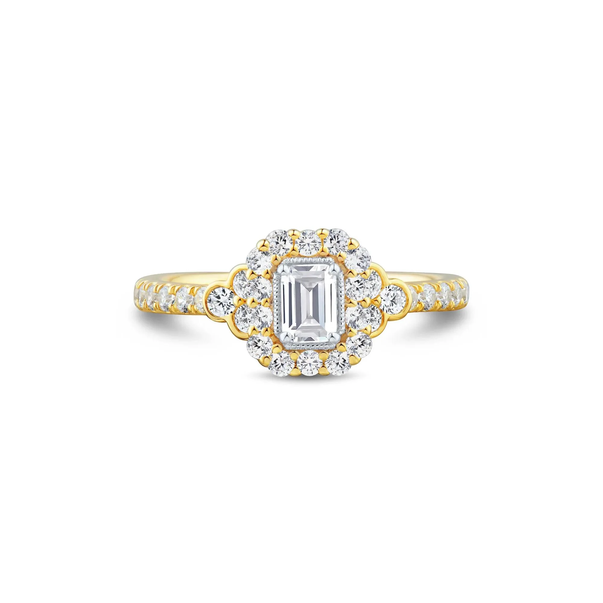 1 CT. Tw. Diamond Emerald-Cut Halo Engagement Ring 14K Yellow Gold Size 8.5 1.5mm